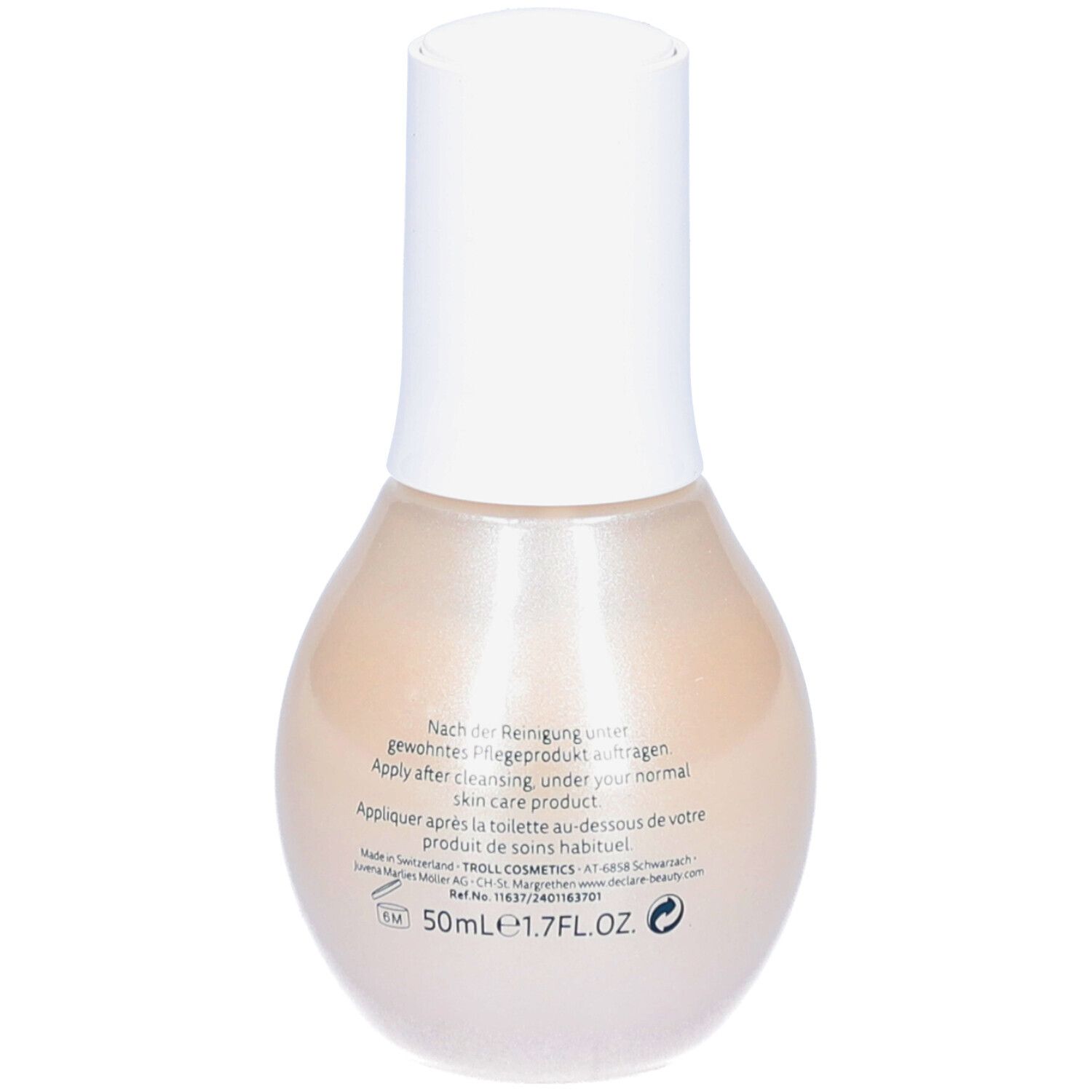 Dos du flacon de sérum. Texte: Appliquer après le nettoyage. 50ml 1.7FL.OZ.