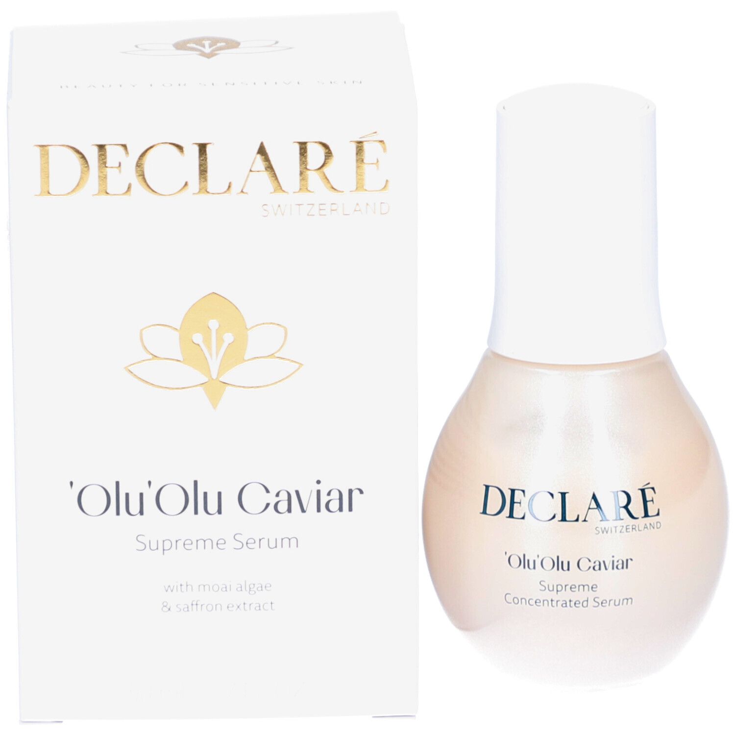 Flacon de sérum et emballage. Inscription: DECLARÉ, 'Olu 'Olu Caviar, Supreme Serum.