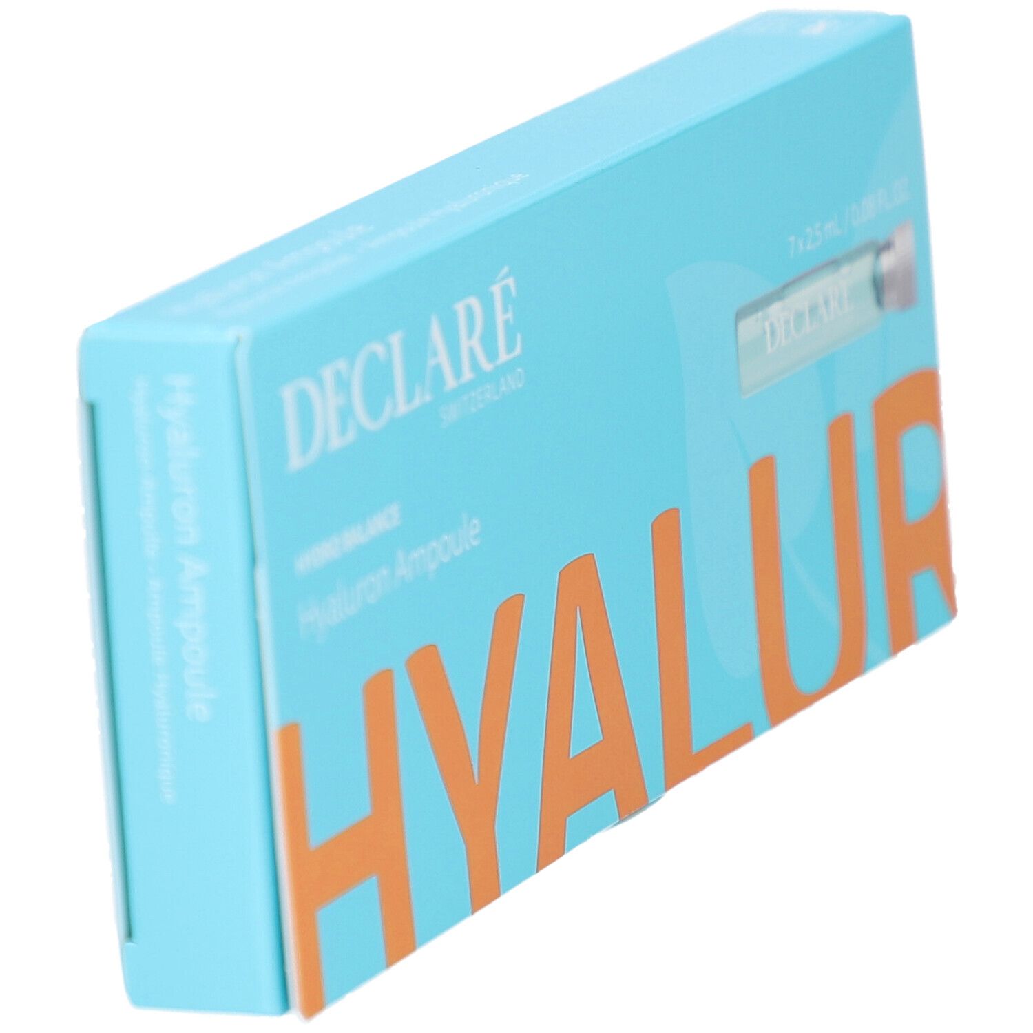 Boîte turquoise avec logo DECLARÉ et nom du produit. Contient sept ampoules. Inscription : Hyaluron Ampoule.