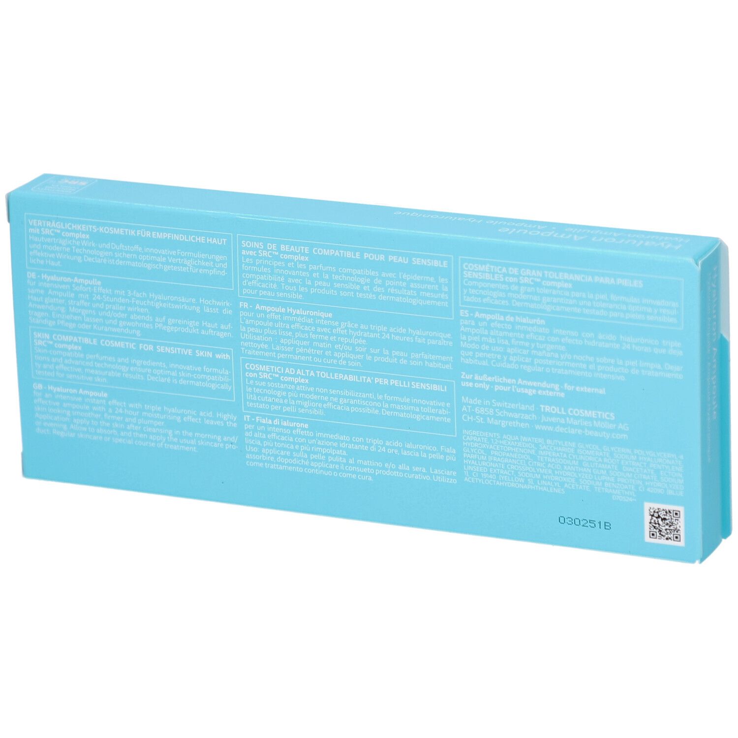 Dos de la boîte turquoise avec texte. Contient des informations et un code QR. Marque DECLARÉ.