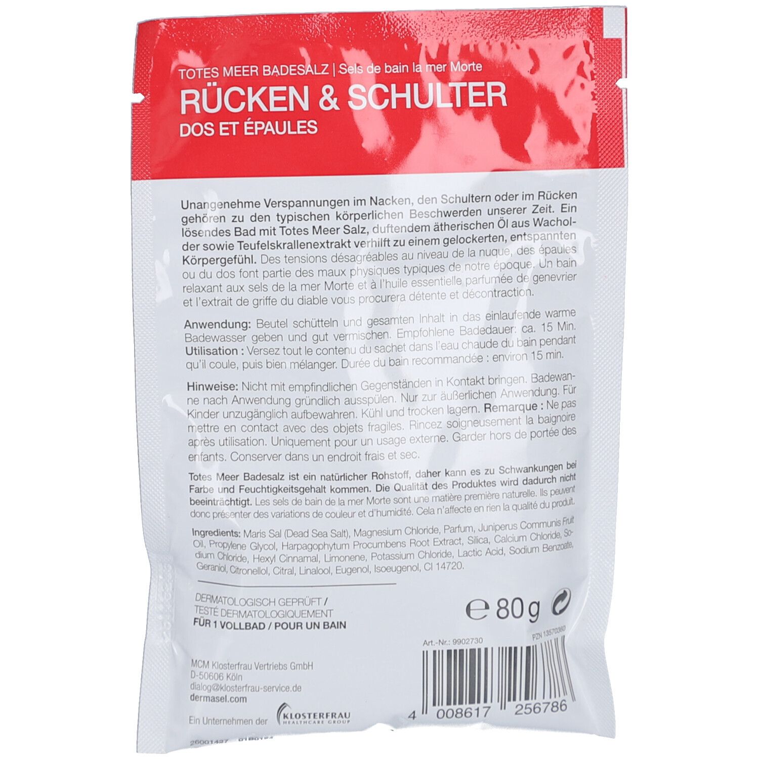 Achterkant van de productverpakking. Tekst en informatie over ingrediënten en gebruik. Gewicht: 80g.