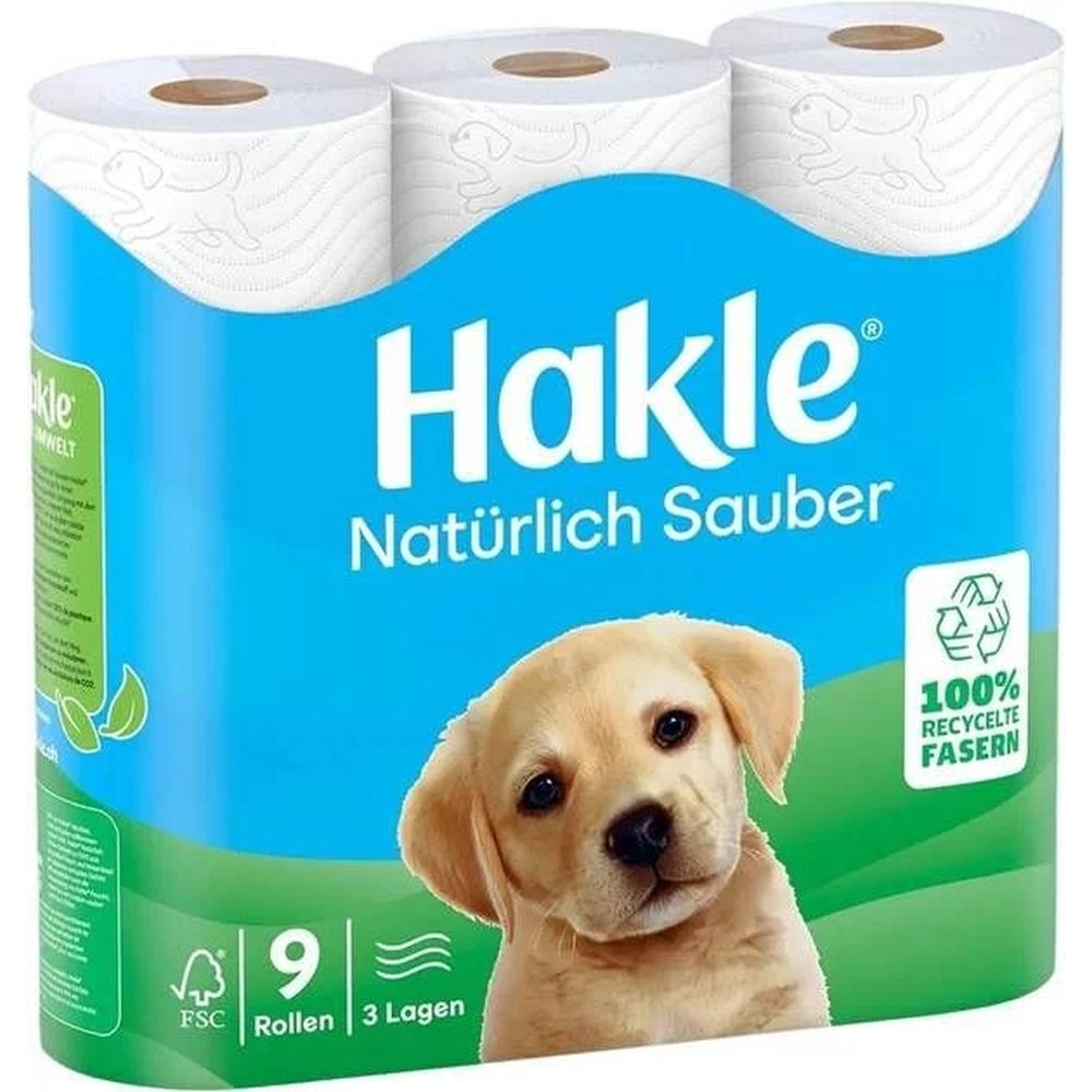 Hakle toiletpapier, 9 rollen, 3 laags, 100% gerecyclede vezels.