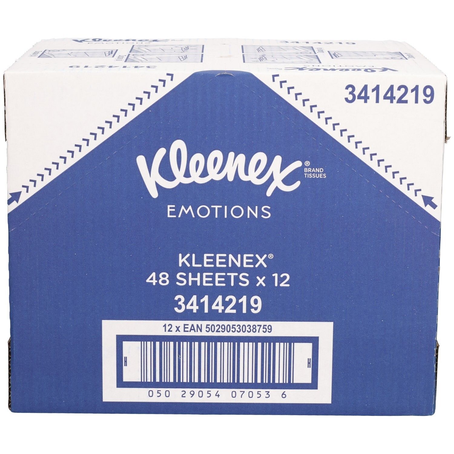 Boîte de Kleenex. Emballage bleu et blanc. Texte: Kleenex Emotions, 48 feuilles x 12, code-barres.