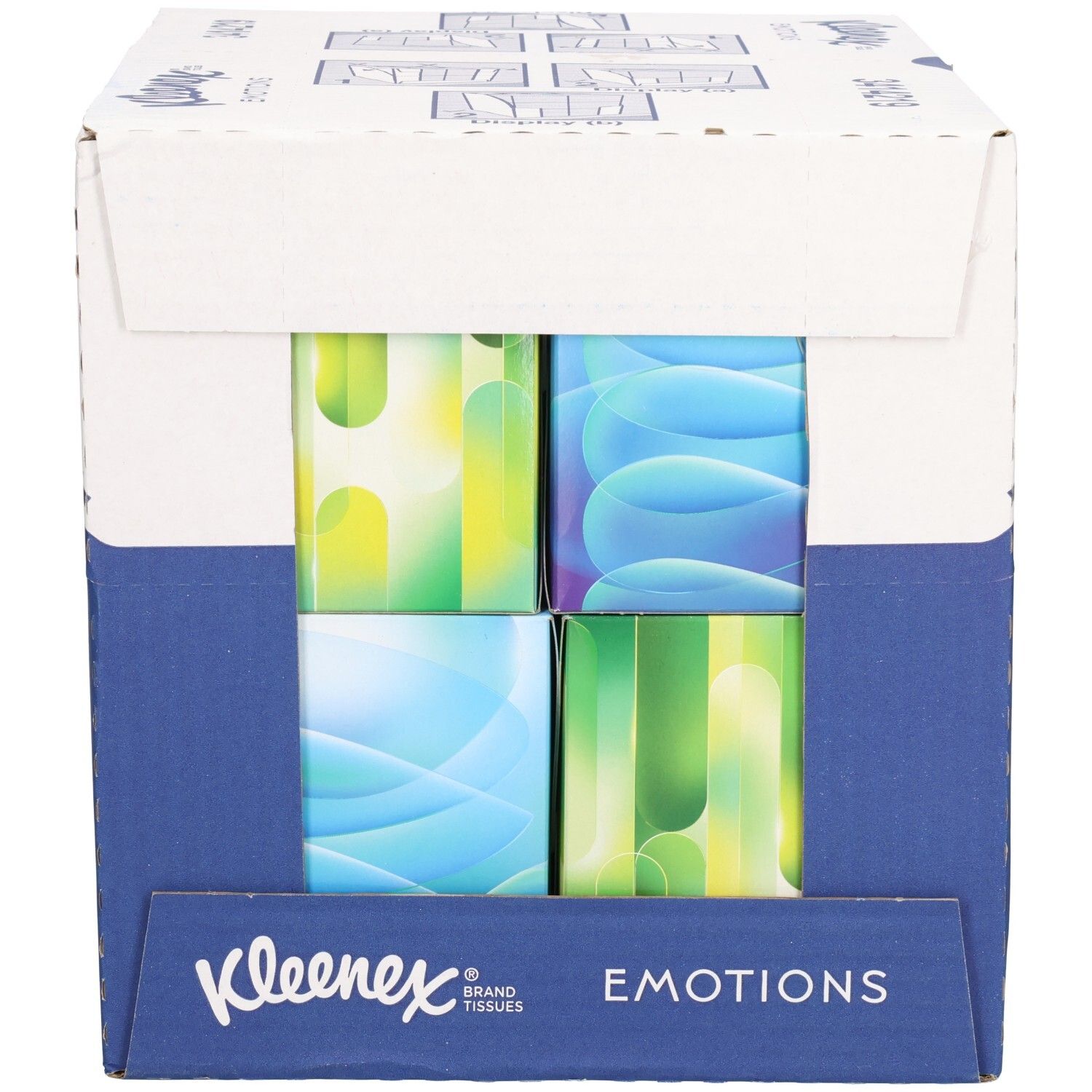Cube de Kleenex dans un emballage en carton. Quatre cubes avec des motifs colorés. Texte: Kleenex Emotions.