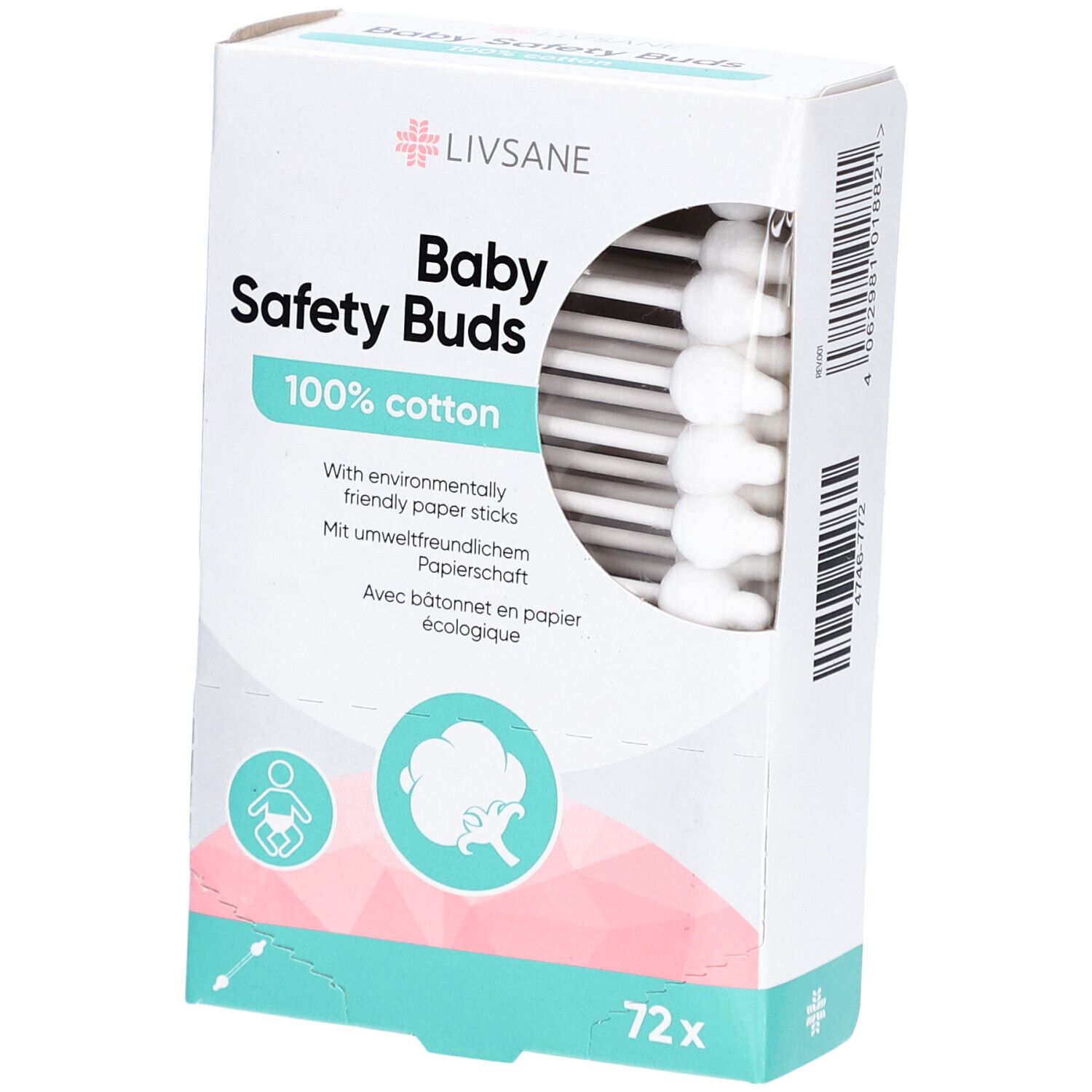 Verpakking LIVSANE Baby Safety Buds. 72 wattenstaafjes, 100% katoen. Wattenstaafjes met witte kop zichtbaar.