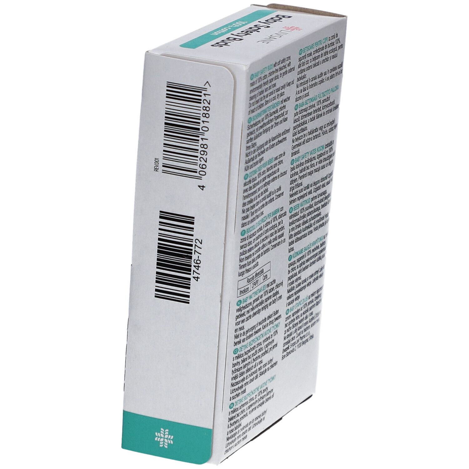 Zijkant van de verpakking LIVSANE Baby Safety Buds. Barcode en tekst. Fabrikantinformatie.