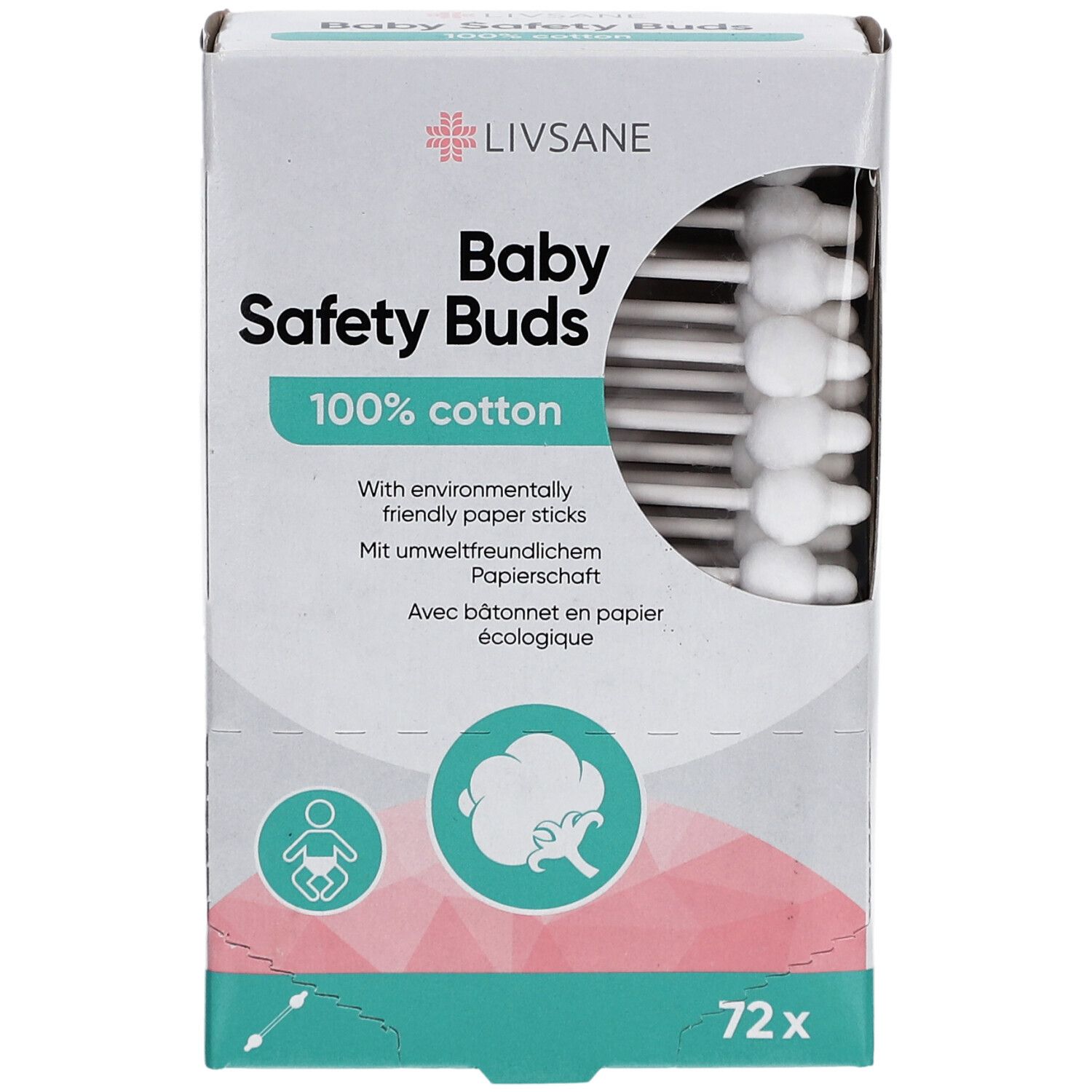 Verpakking LIVSANE Baby Safety Buds. 72 wattenstaafjes, 100% katoen. Wattenstaafjes met witte kop zichtbaar.