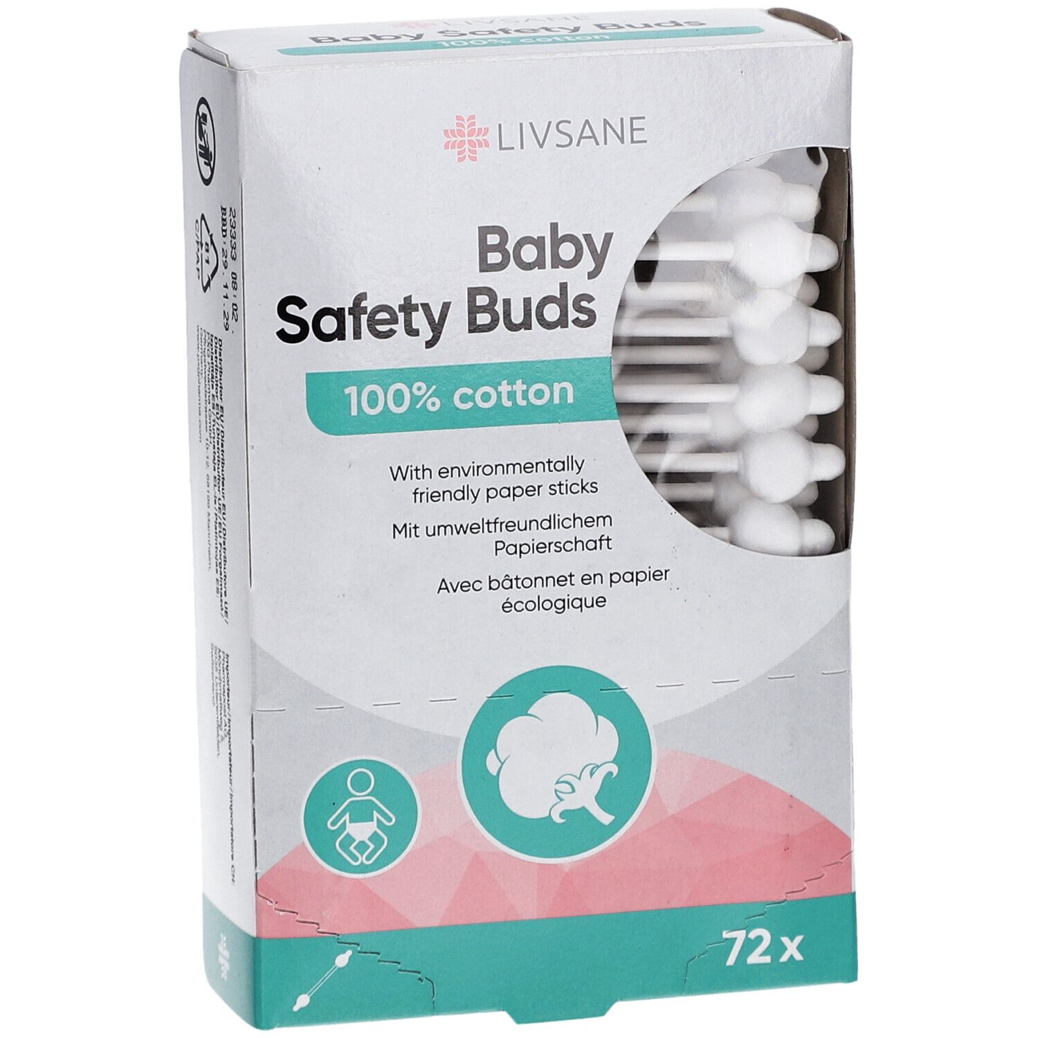 Verpakking LIVSANE Baby Safety Buds. 72 wattenstaafjes, 100% katoen. Wattenstaafjes met witte kop zichtbaar.