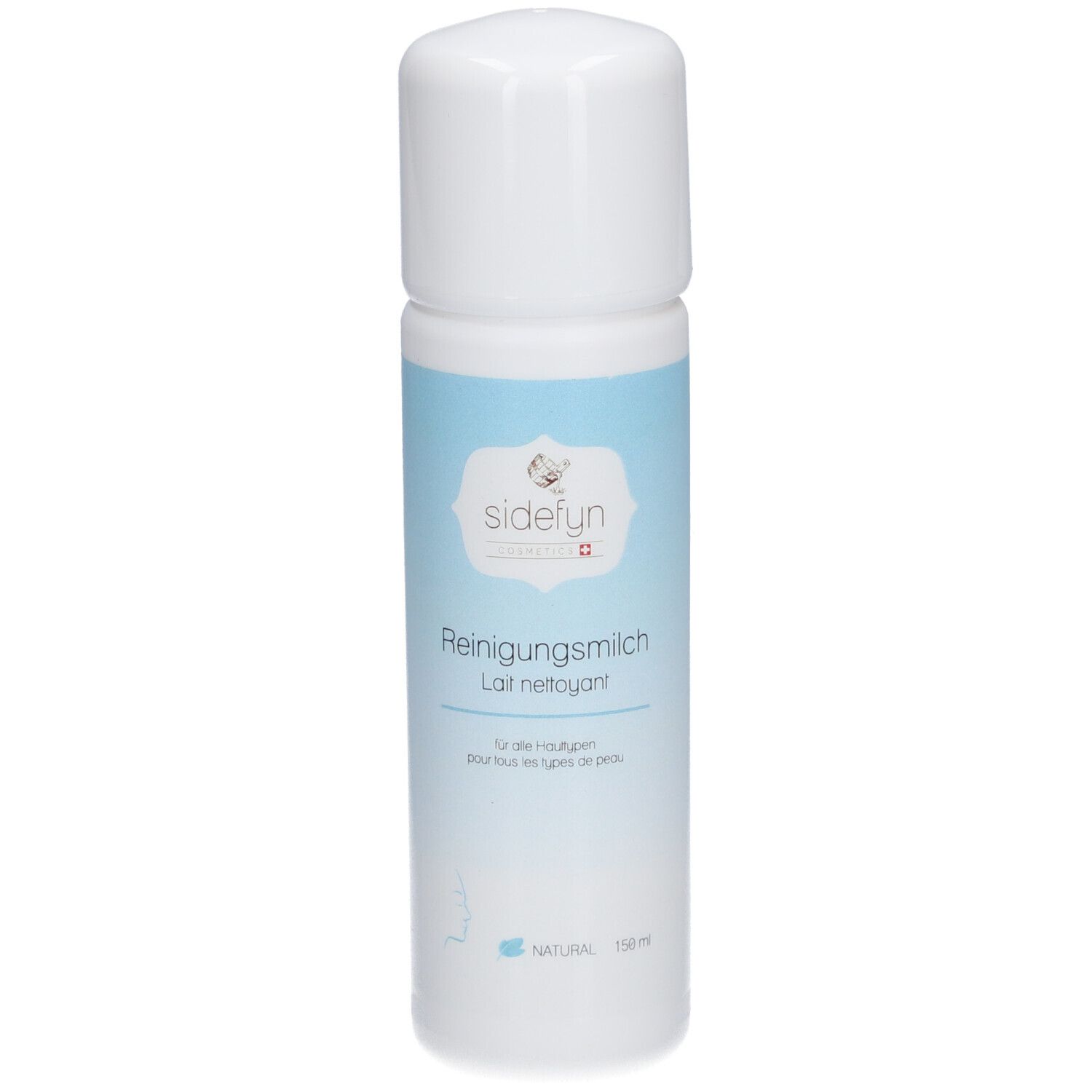 Flacon blanc avec étiquette bleue. Inscription : SIDEFYN, Lait nettoyant. Croix suisse. Pour tous types de peaux.