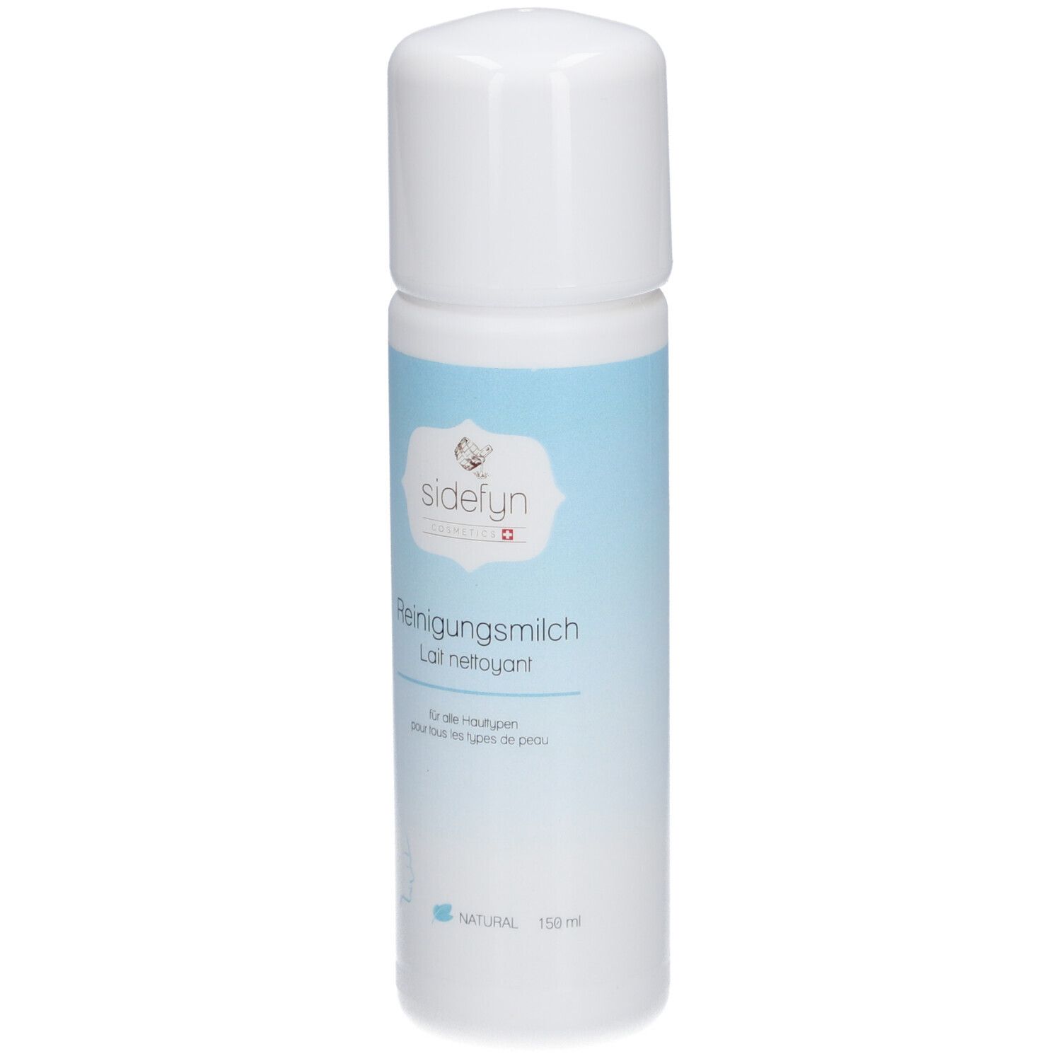 Flacon blanc avec étiquette bleue. Inscription : SIDEFYN, Lait nettoyant. Croix suisse. Pour tous types de peaux.
