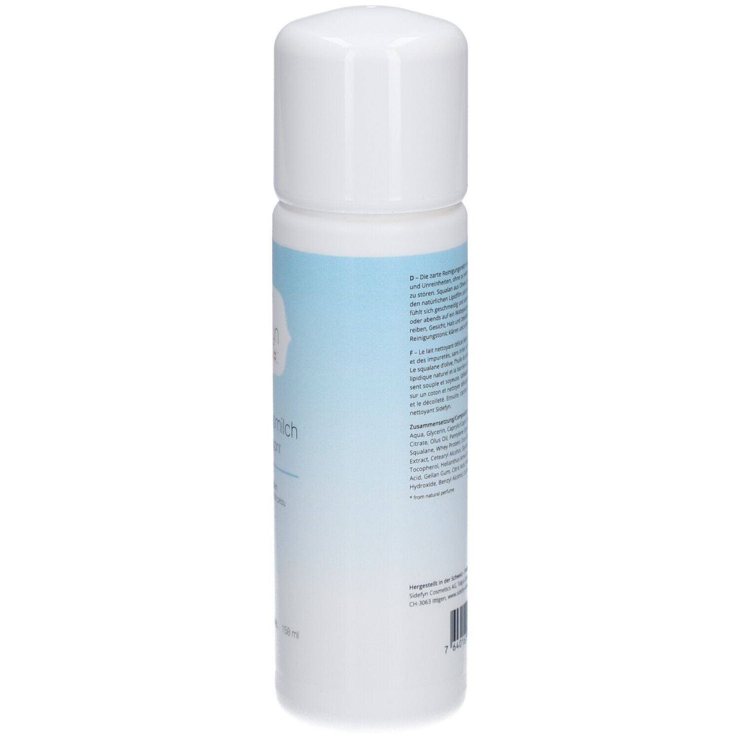 Flacon blanc, dos avec texte. Étiquette bleue. Texte en allemand, français et italien. Code-barres en bas.