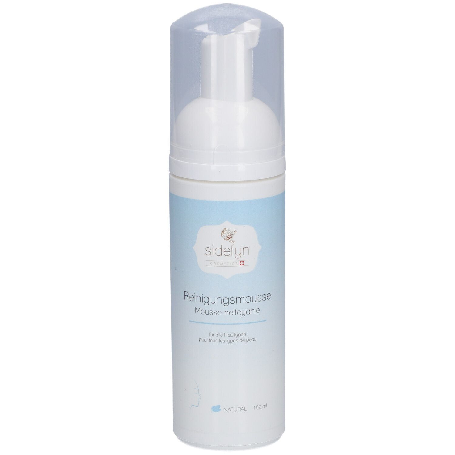 Witte fles met sproeikop en transparante dop. Opschrift: SIDEFYN Reinigungsschaum. Blauwe band.