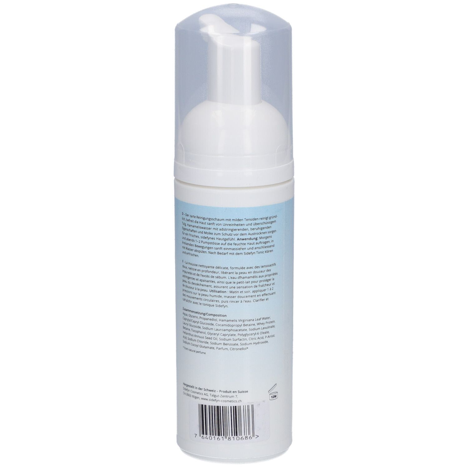 Witte fles met sproeikop en transparante dop. Achterkant met tekst en barcode. Blauwe band.