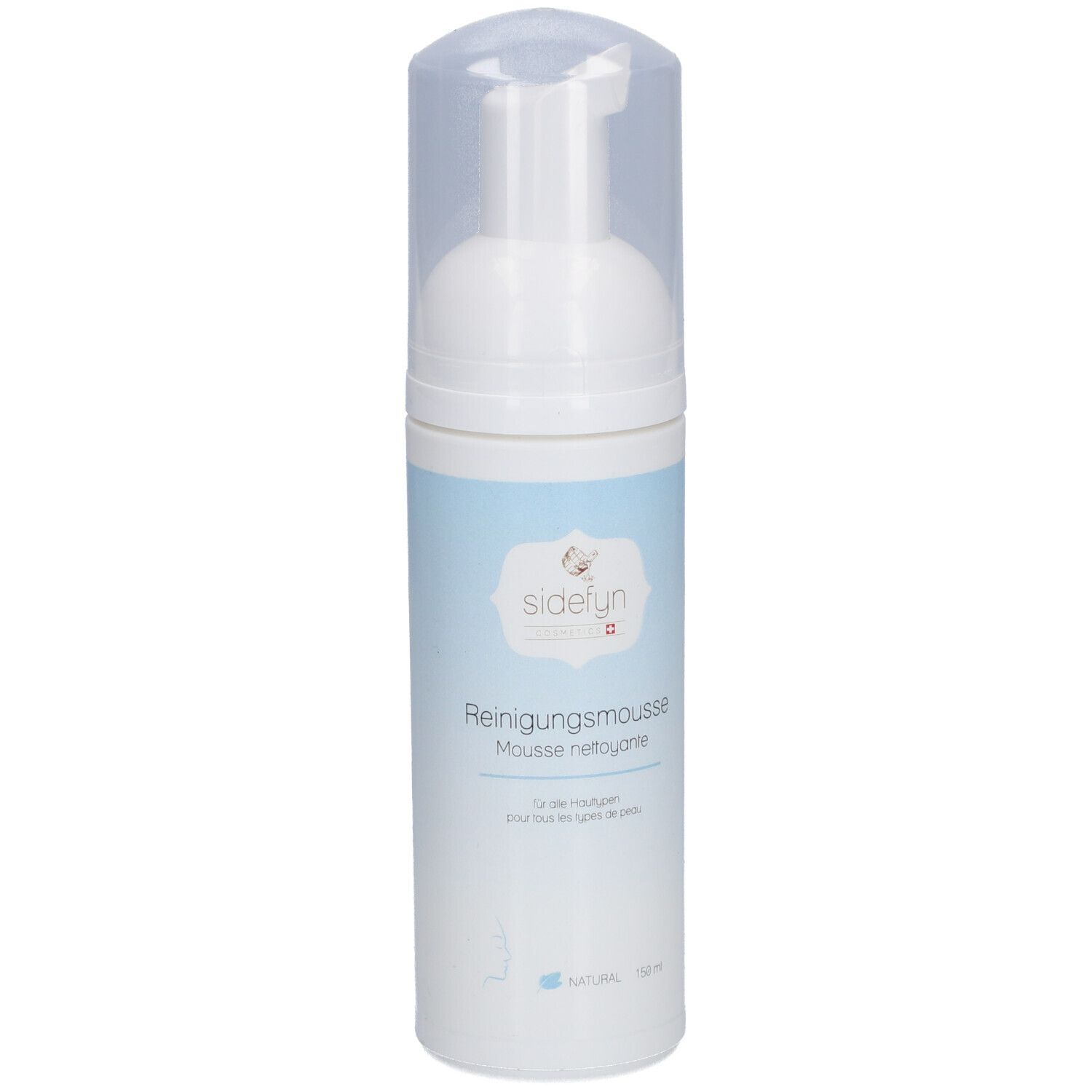 Witte fles met sproeikop en transparante dop. Opschrift: SIDEFYN Reinigungsschaum. Blauwe band.