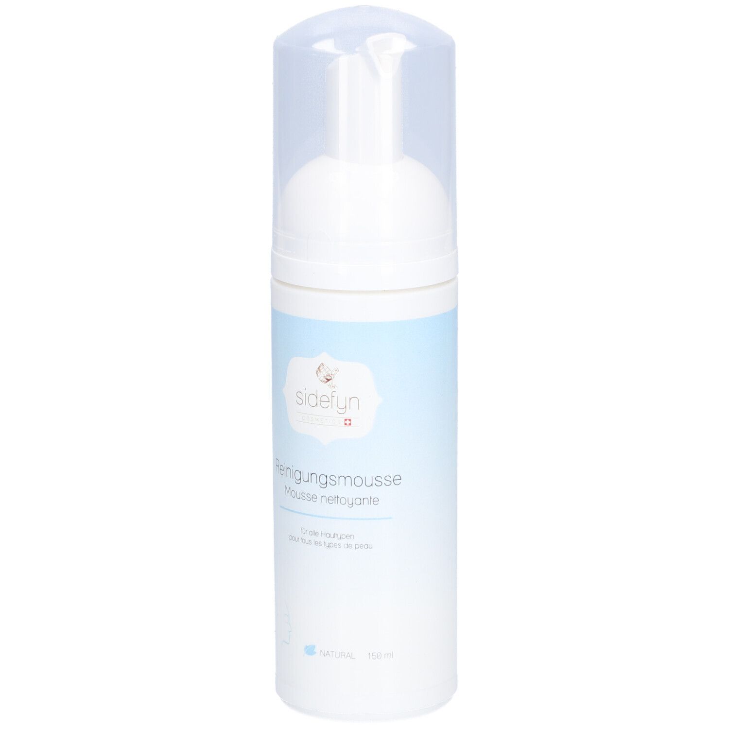 Witte fles met sproeikop en transparante dop. Opschrift: SIDEFYN Reinigungsschaum. Blauwe band.