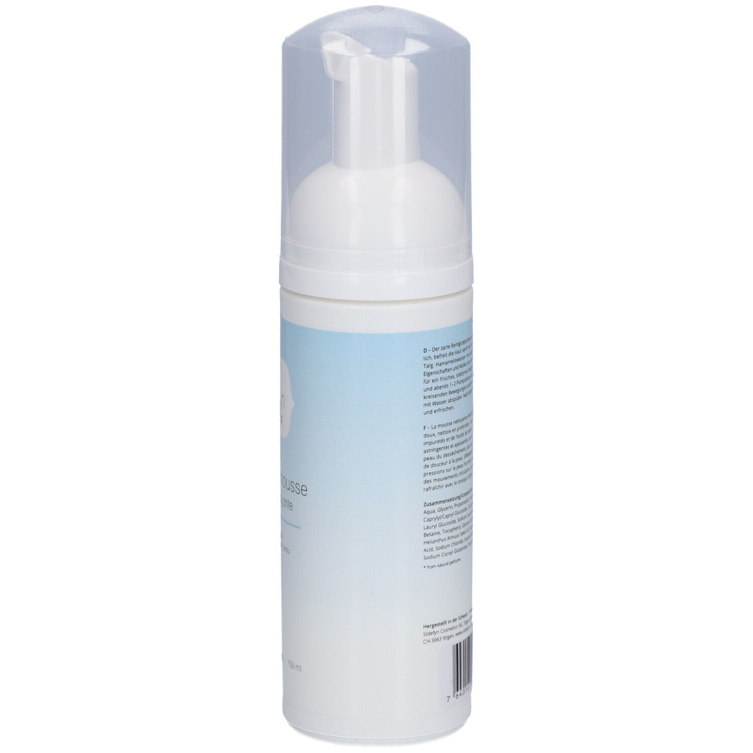 Witte fles met sproeikop en transparante dop. Tekst op de achterkant. Blauwe band.