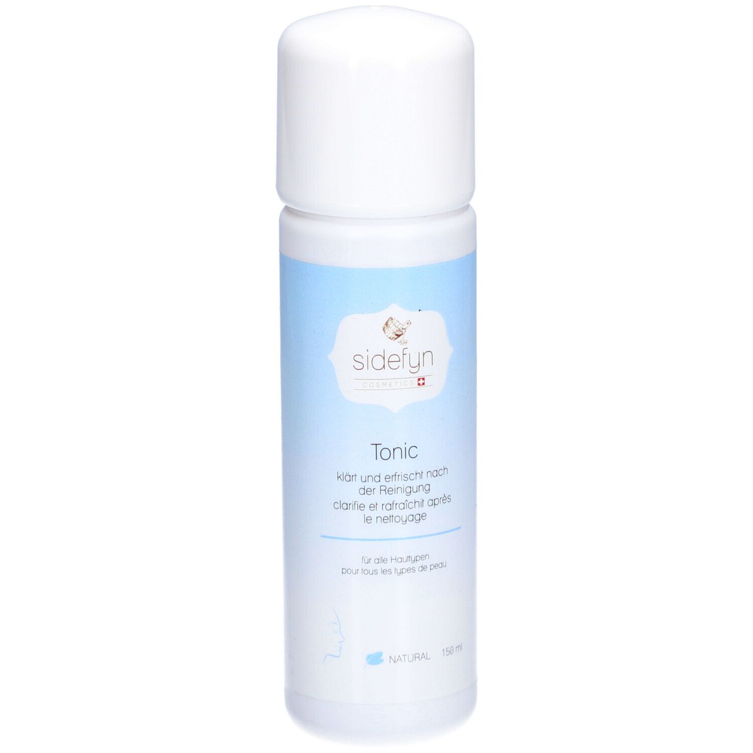 Sidefyn Tonic fles. Witte dop, lichtblauwe band met productnaam en logo. Voor alle huidtypen.