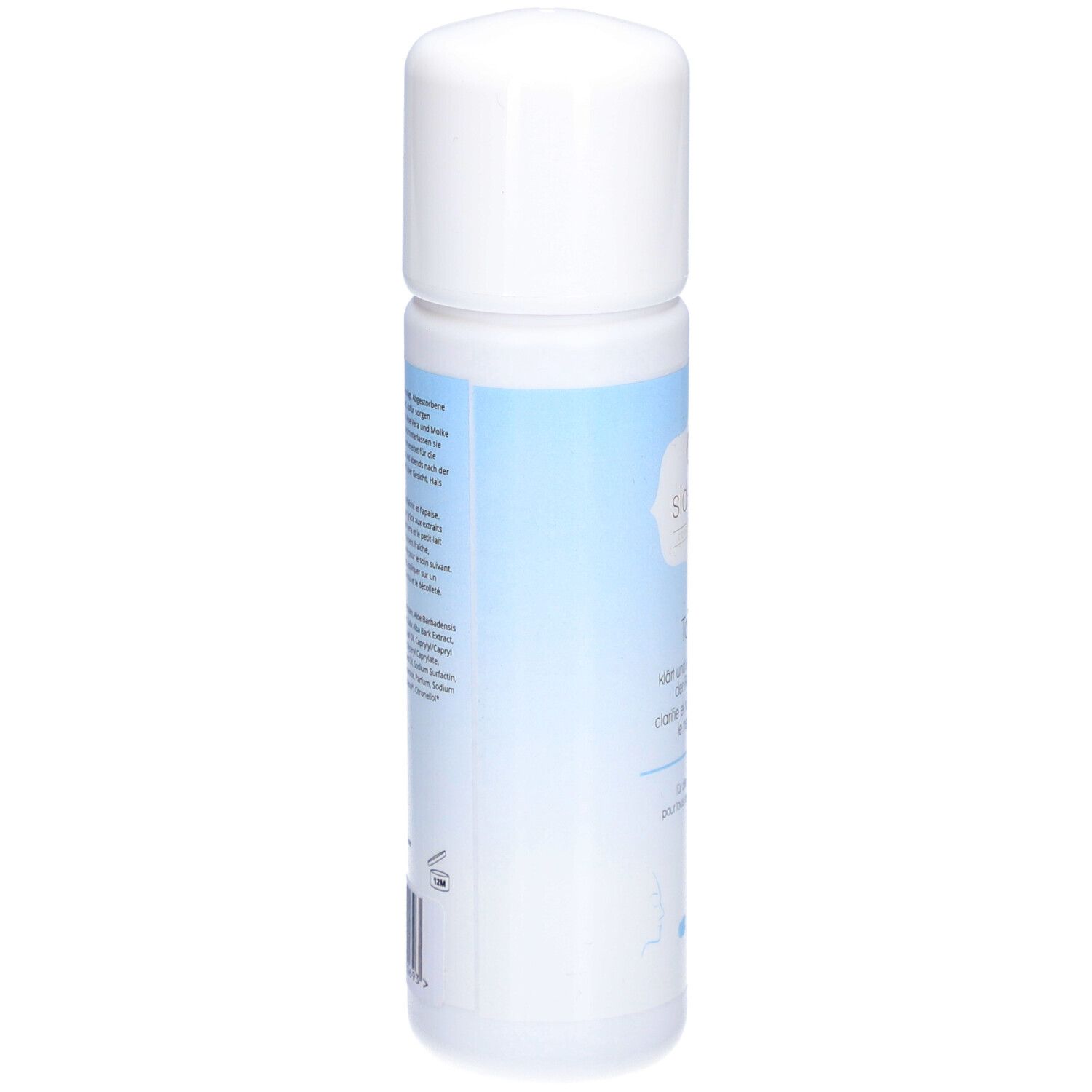 Sidefyn Tonic fles. Achterkant met tekst. Witte dop, lichtblauwe band. Productinformatie.