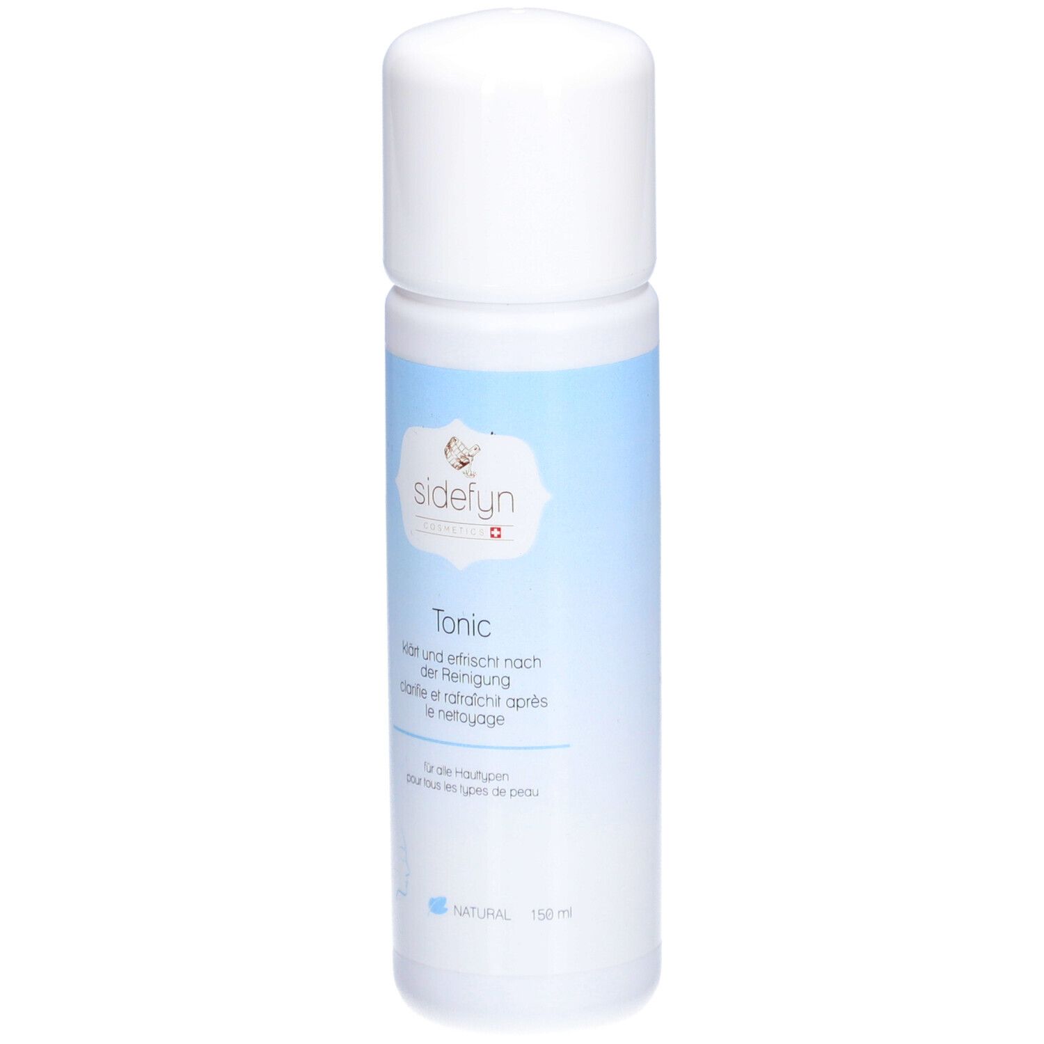 Sidefyn Tonic fles. Witte dop, lichtblauwe band met productnaam en logo. Voor alle huidtypen.