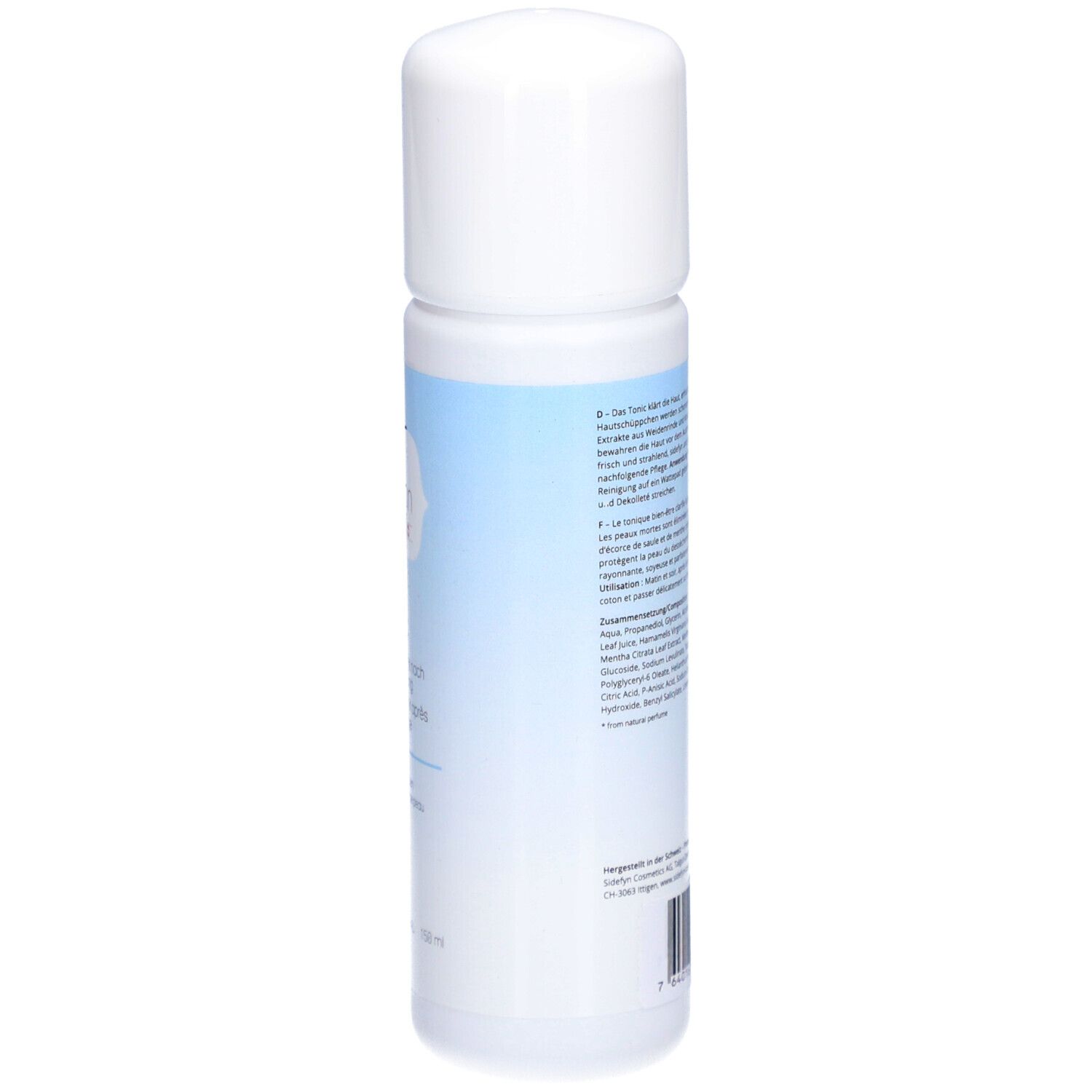 Sidefyn Tonic fles. Achterkant met tekst. Witte dop, lichtblauwe band. Productinformatie.