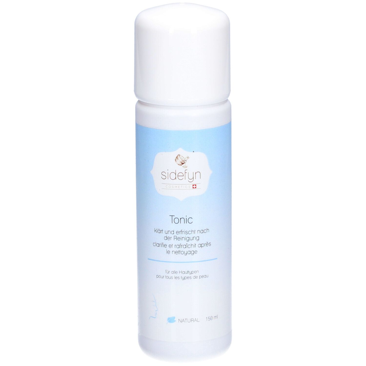 Sidefyn Tonic fles. Witte dop, lichtblauwe band met productnaam en logo. Voor alle huidtypen.