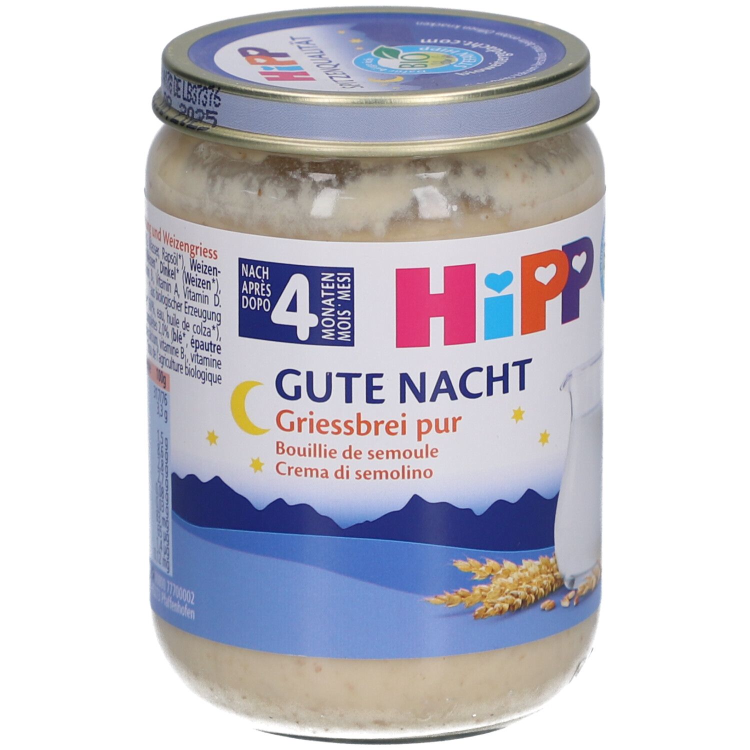 Potje pap. Opschrift: HIPP Gute Nacht Griesbrei pur. Met deksel. Vanaf 4 maanden.