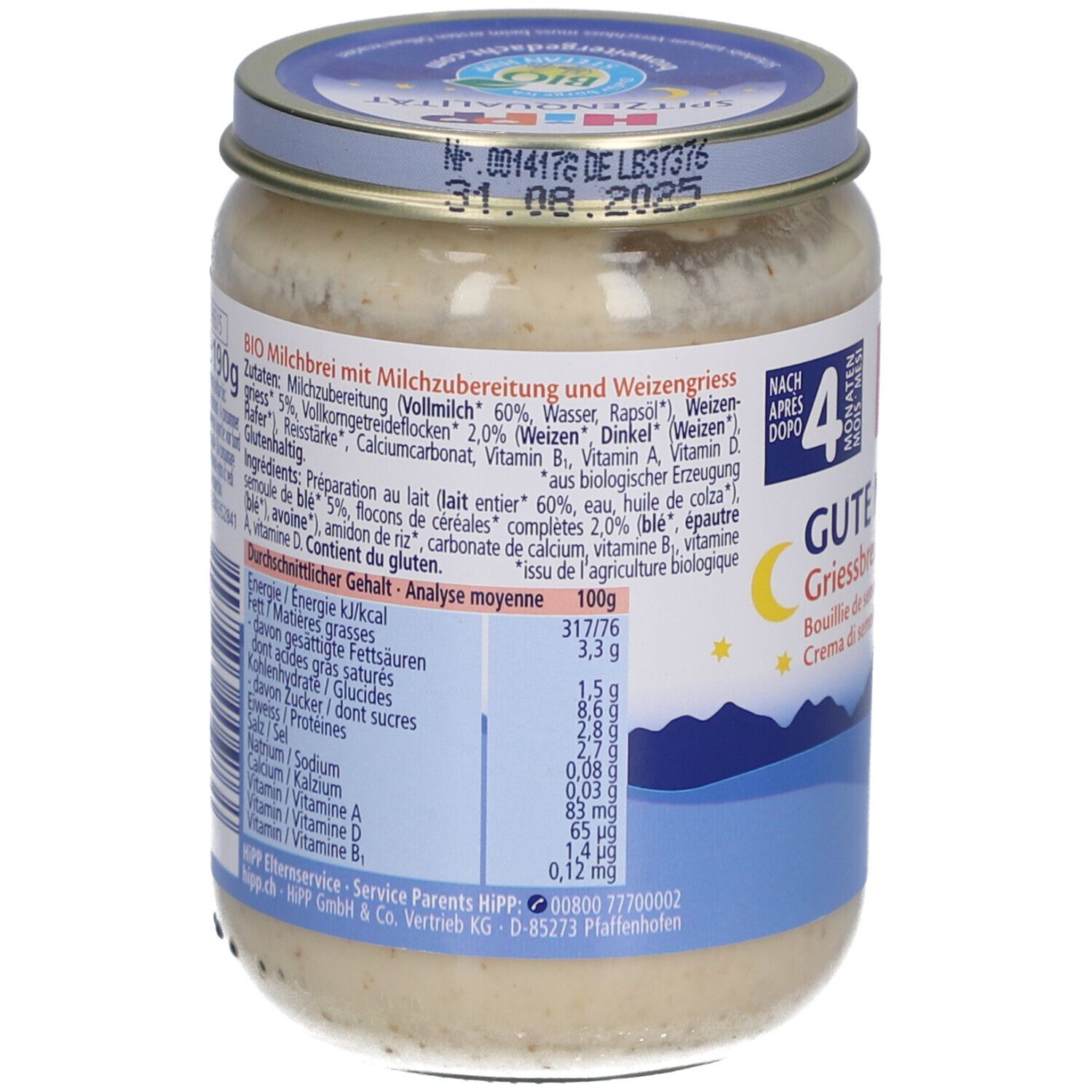 Achterkant van de pot met voedingswaarde en ingrediëntenlijst. Opschrift: BIO Milchbrei mit Weizengriess.