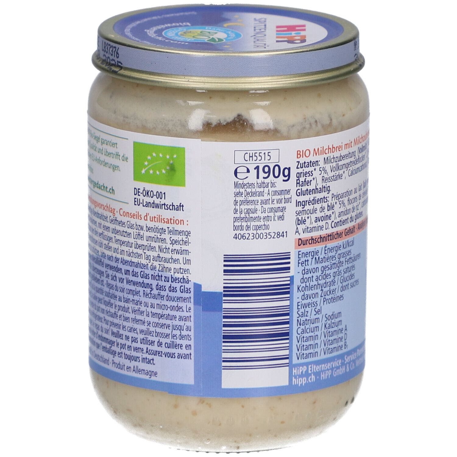 Achterkant van de pot met ingrediëntenlijst en voedingswaarde. Bio-label. Opschrift: BIO Milchbrei.