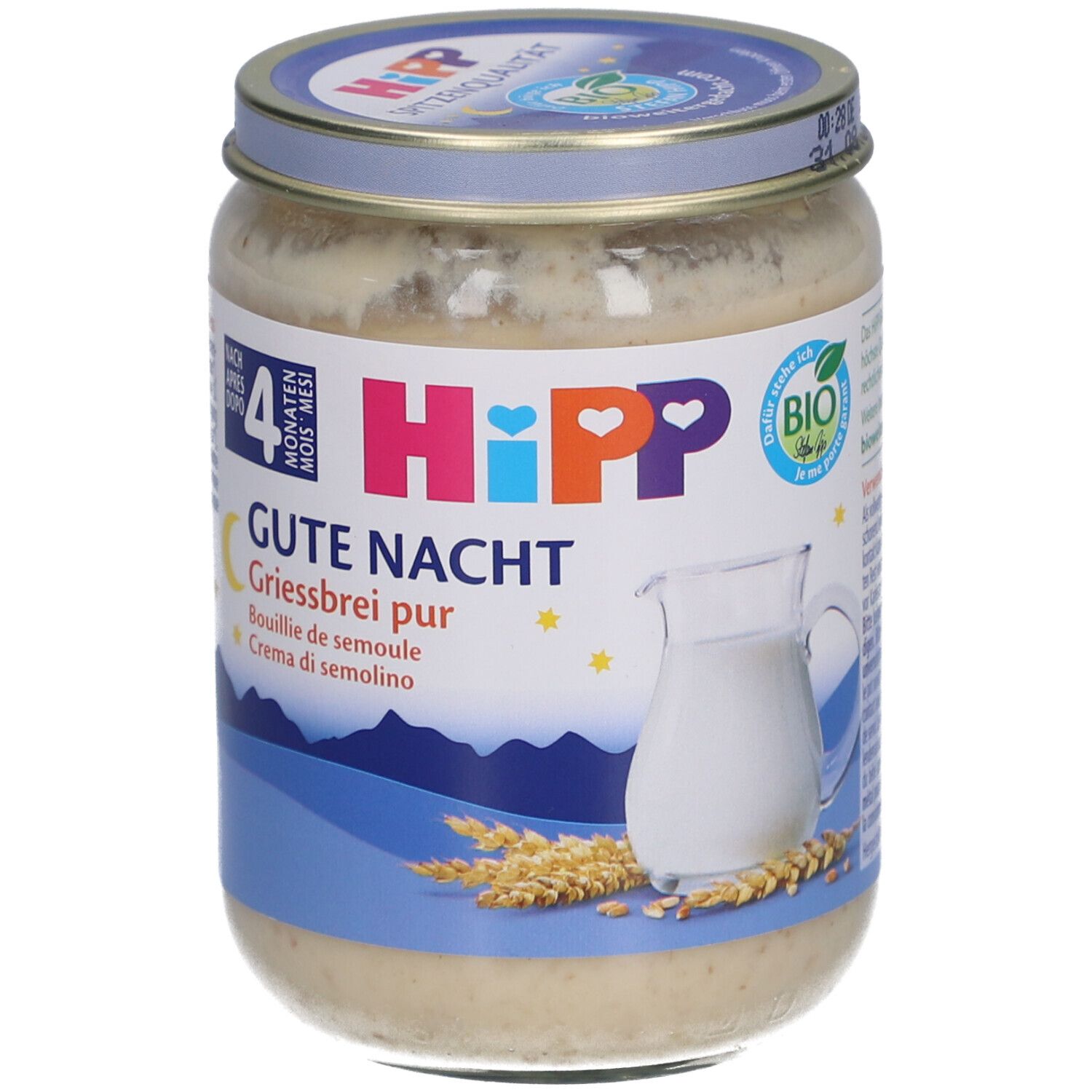 Potje pap. Opschrift: HIPP Gute Nacht Griesbrei pur. Met deksel. Bio-label. Vanaf 4 maanden.