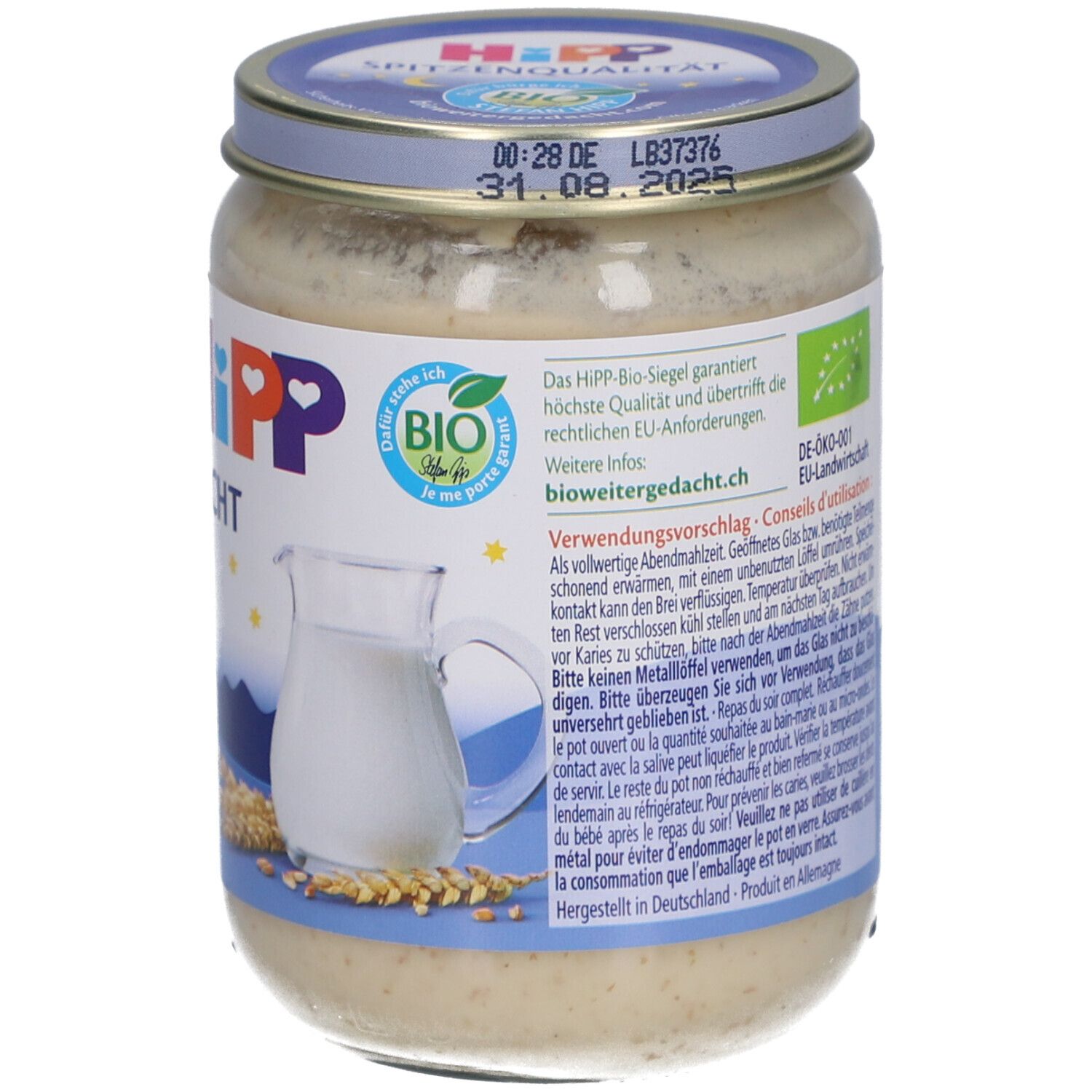 Potje pap. Opschrift: HIPP Gute Nacht Griesbrei pur. Met deksel. Bio-label. Vanaf 4 maanden.
