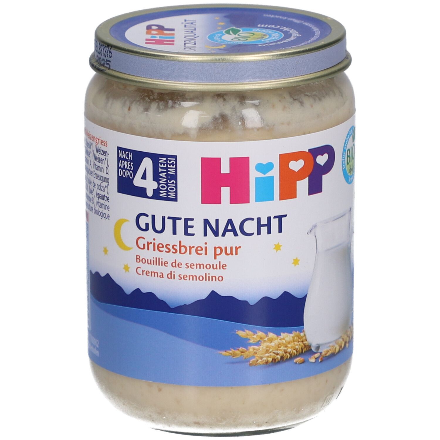 Potje pap. Opschrift: HIPP Gute Nacht Griesbrei pur. Met deksel. Vanaf 4 maanden.