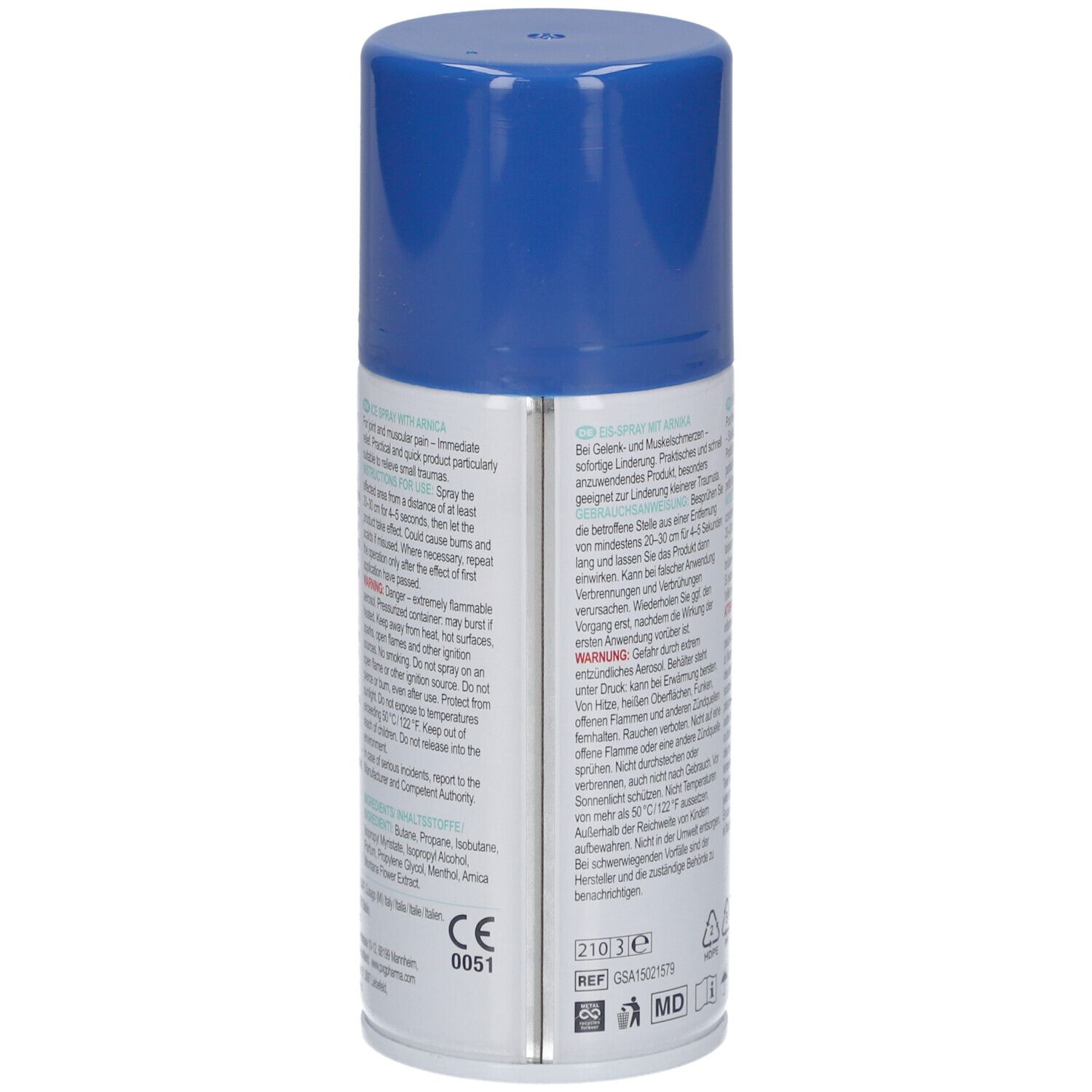 Dos de la bombe aérosol. LIVSANE Ice Spray avec Arnica. Texte en allemand, français, italien et néerlandais. Marquage CE.