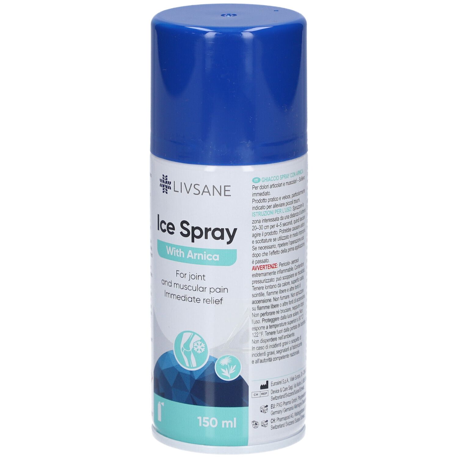 Bombe aérosol bleue et blanche. LIVSANE Ice Spray avec Arnica. Pour douleurs articulaires et musculaires. Soulagement immédiat. 150 ml.
