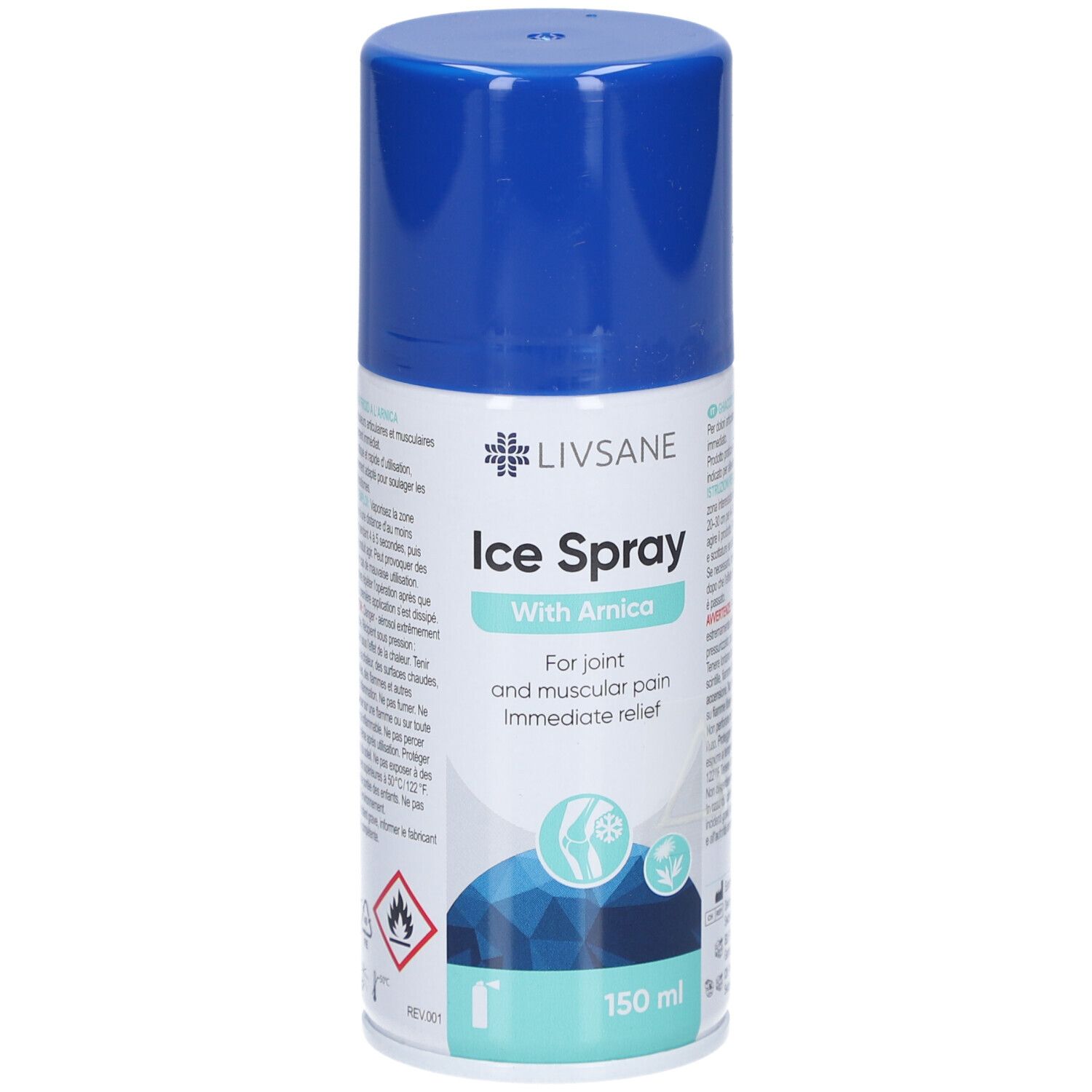 Bombe aérosol bleue et blanche. LIVSANE Ice Spray avec Arnica. Pour douleurs articulaires et musculaires. Soulagement immédiat. 150 ml. Avertissement.