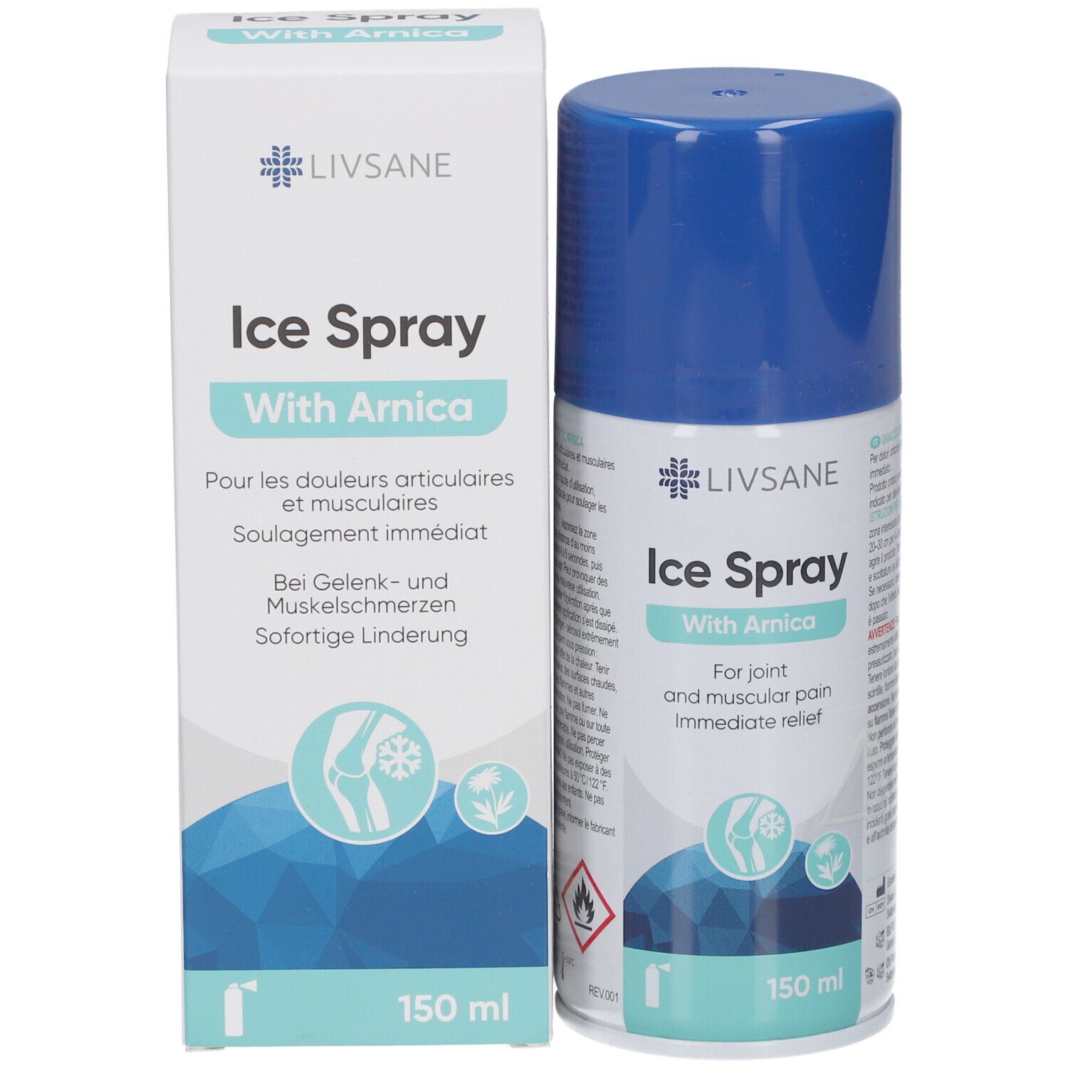 LIVSANE Ice Spray avec Arnica et emballage. Pour douleurs articulaires et musculaires. Soulagement immédiat. 150 ml. Boîte blanche.
