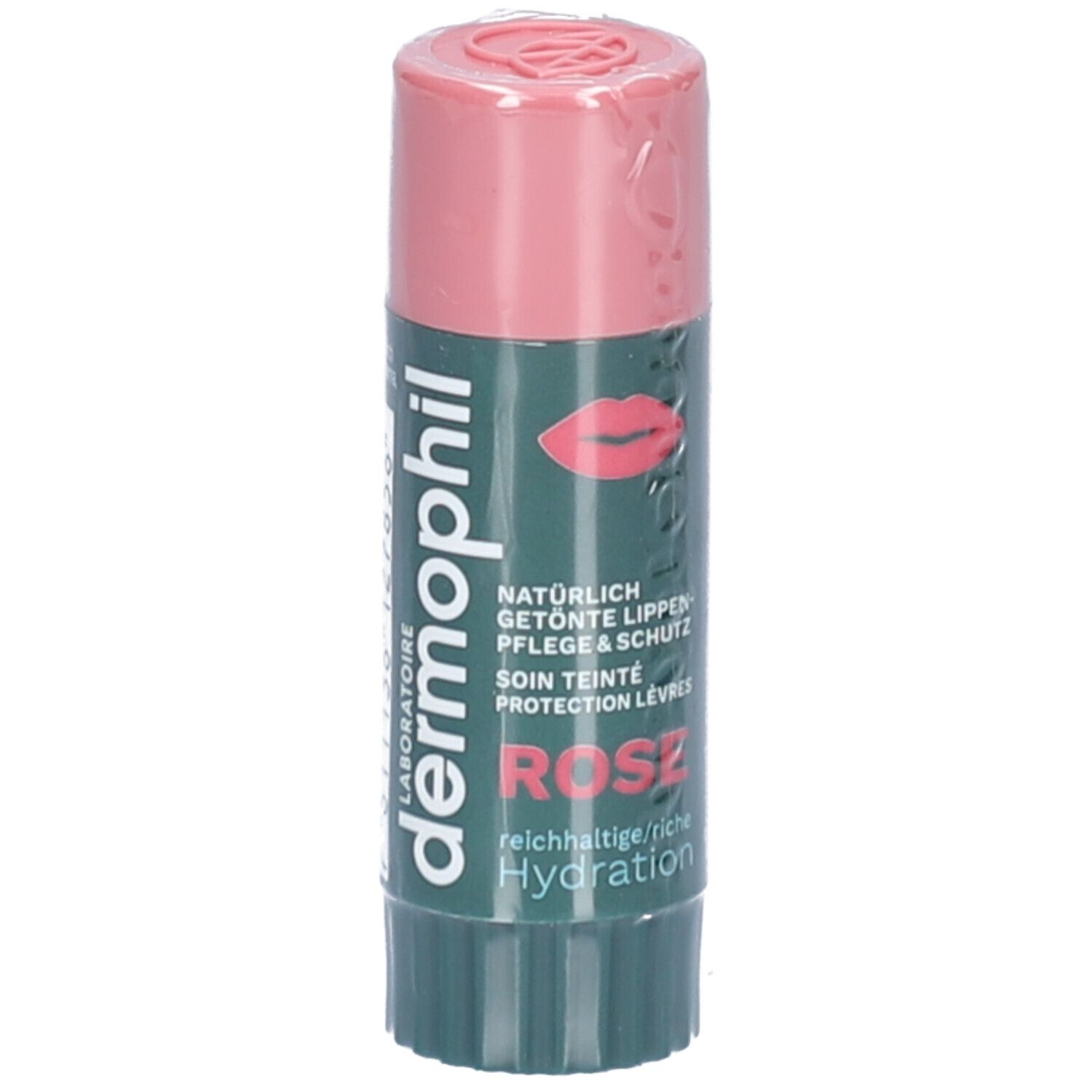 Stick à lèvres avec capuchon rose et étiquette verte. Inscription: dermophil, Rose, Hydration. Illustration de lèvres.