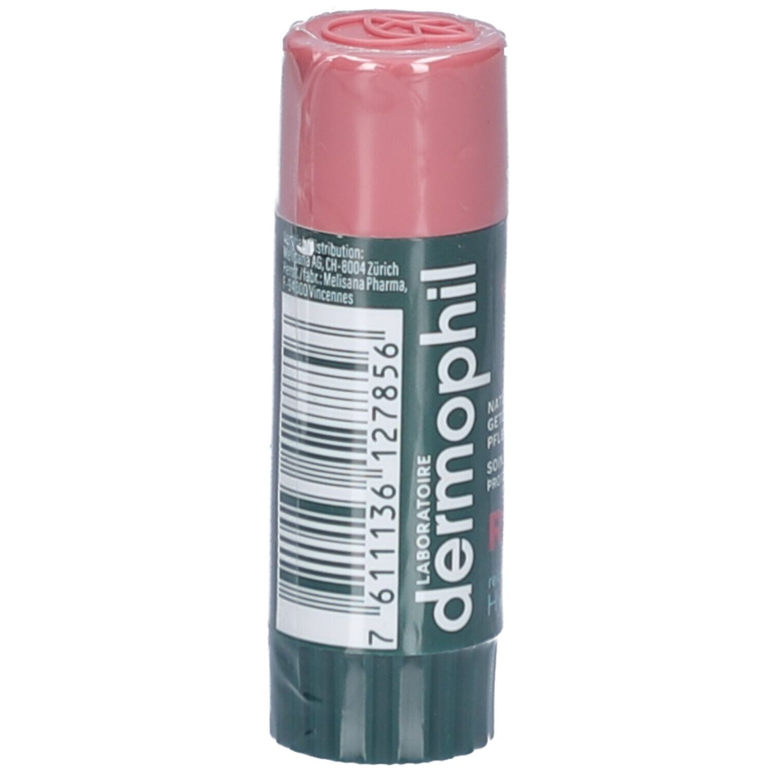 Stick à lèvres avec capuchon rose et étiquette verte. Inscription: dermophil. Verso avec texte et code-barres.