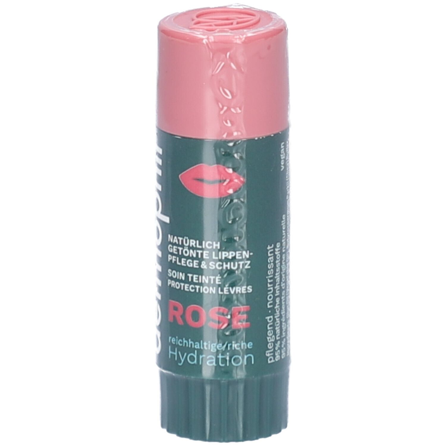 Stick à lèvres avec capuchon rose et étiquette verte. Inscription: dermophil, Rose, Hydration. Logo végan.