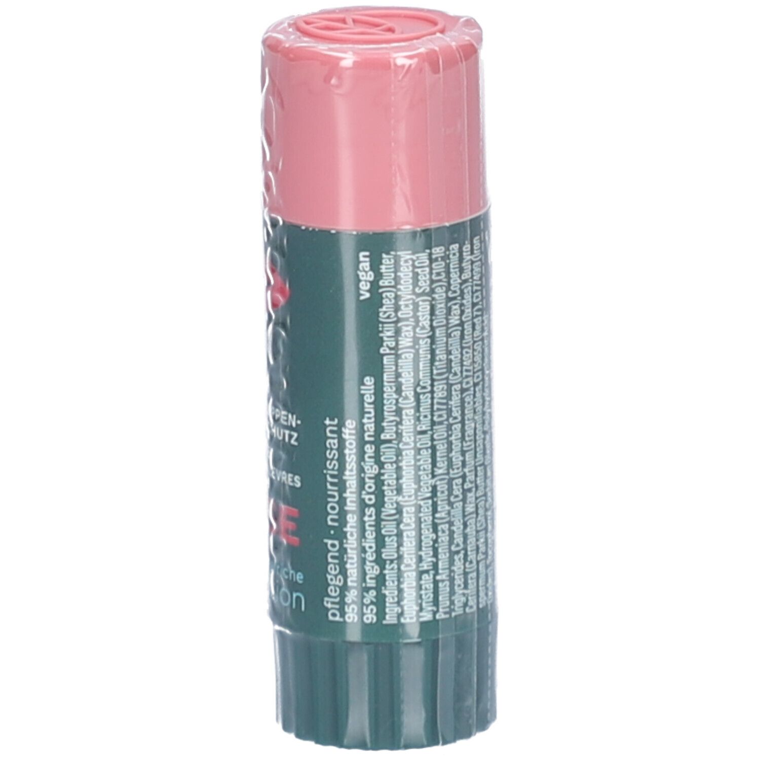 Stick à lèvres avec capuchon rose et étiquette verte. Verso avec texte, ingrédients et logo végan.