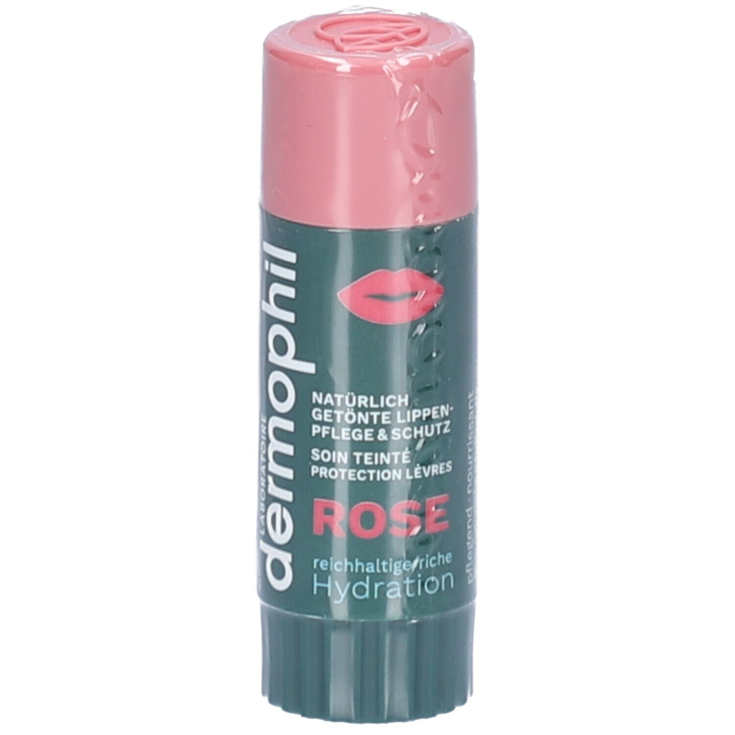 Stick à lèvres avec capuchon rose et étiquette verte. Inscription: dermophil, Rose, Hydration. Illustration de lèvres.