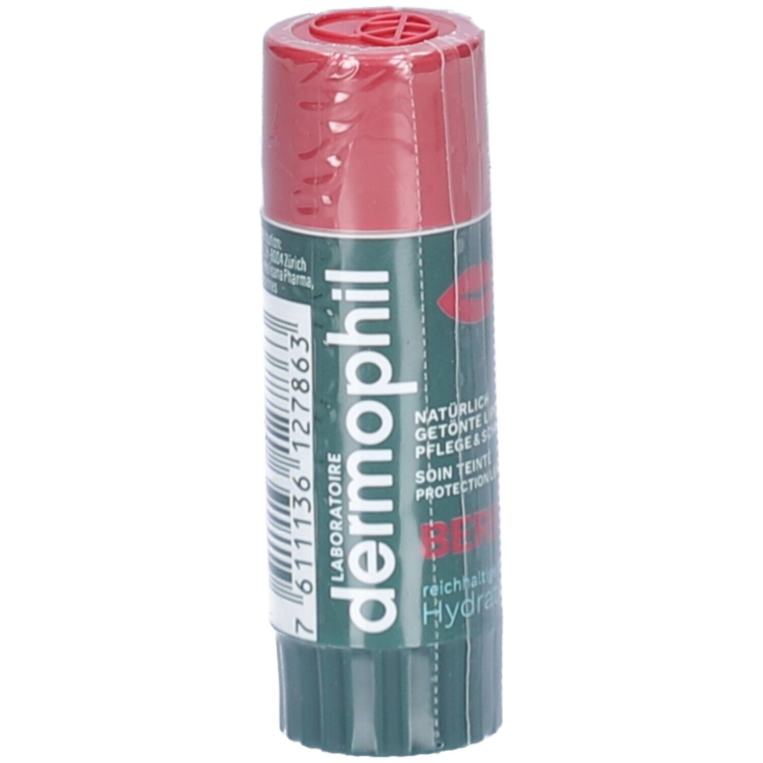 Dermophil lippenbalsem, rood en groen. Tekst: "dermo phil", "Berry", "Hydratation". Verpakt in folie.