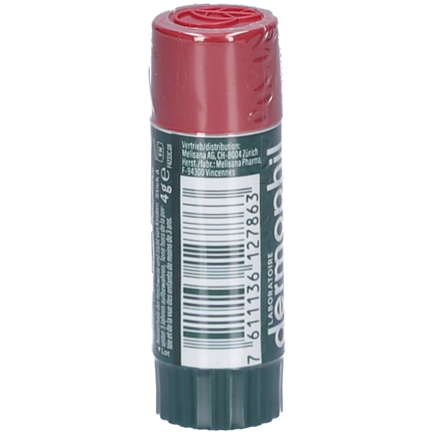 Dermophil lippenbalsem, rood en groen. Achterkant met tekst en barcode. Verpakt in folie. Afmeting: 4g.