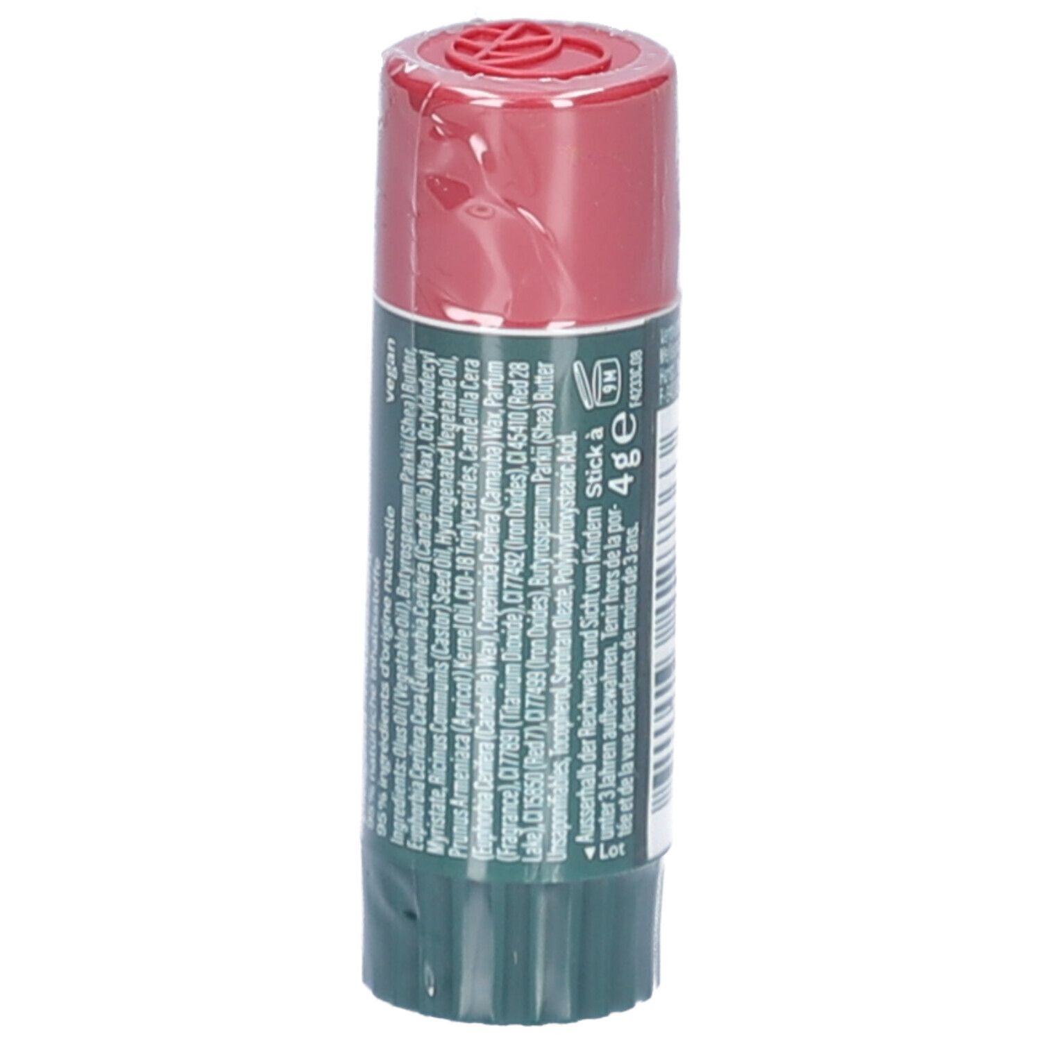 Dermophil lippenbalsem, rood en groen. Achterkant met ingrediënten en tekst. Verpakt in folie. Afmeting: 4g.