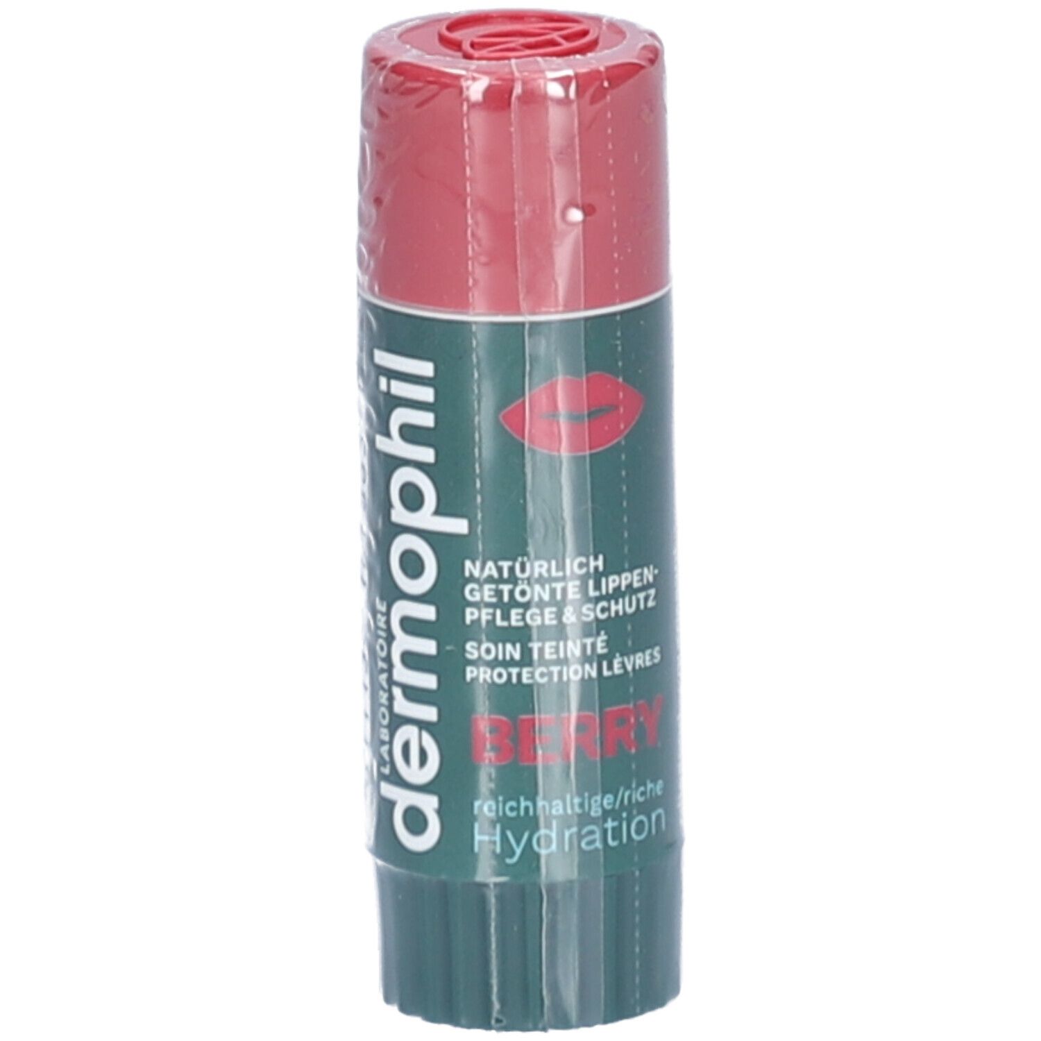Dermophil lippenbalsem, rood en groen. Tekst: "dermo phil", "Berry", "Hydratation". Verpakt in folie.