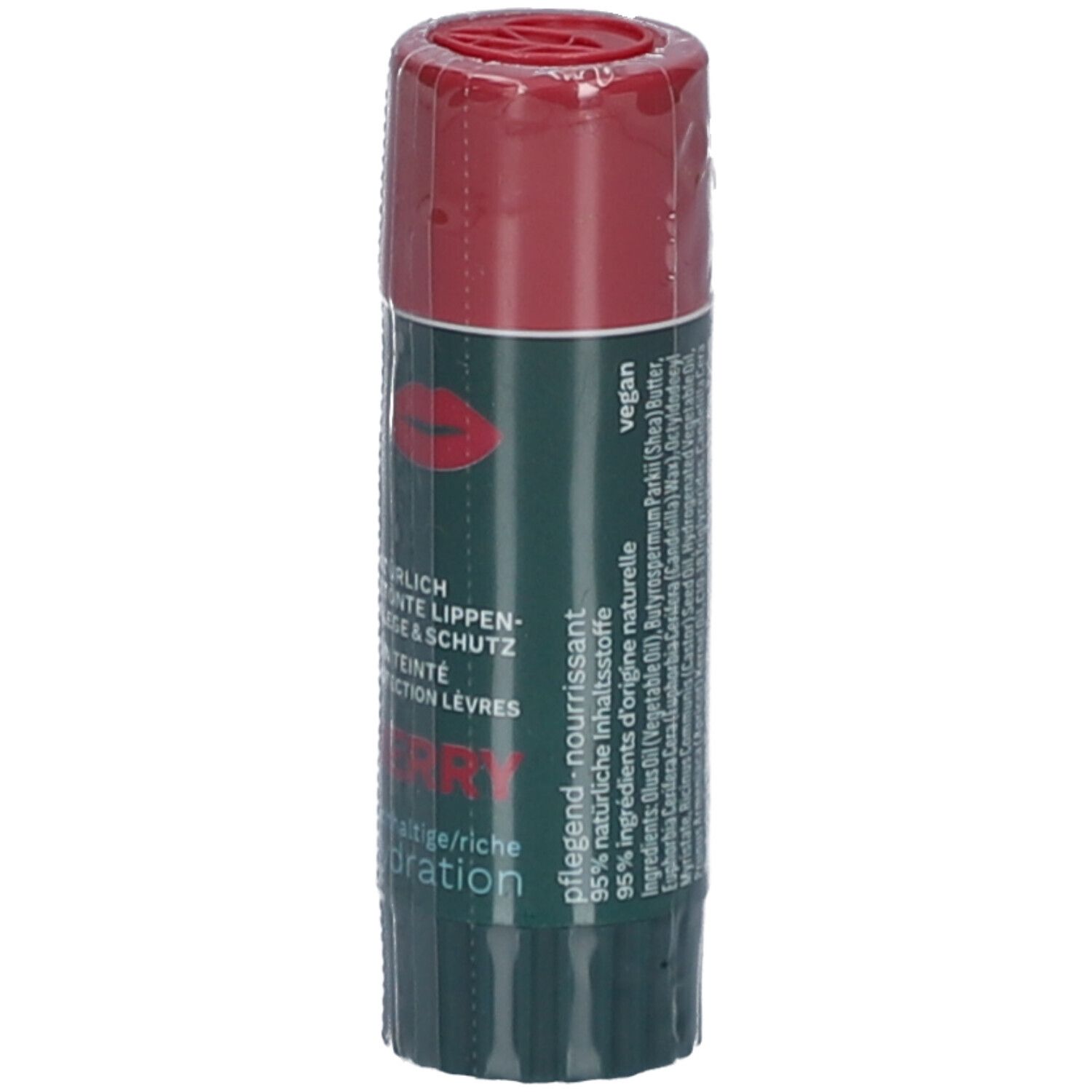 Dermophil lippenbalsem, rood en groen. Tekst: "dermo phil", "Berry", "Hydratation", "vegan". Verpakt.