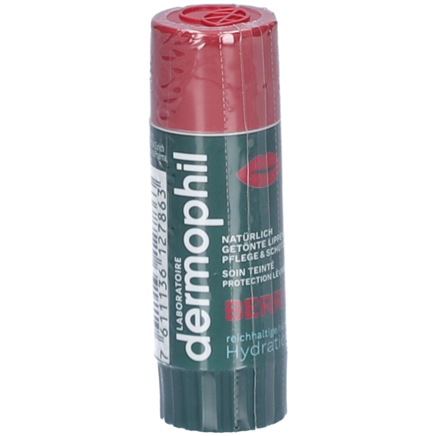 Dermophil lippenbalsem, rood en groen. Tekst: "dermo phil", "Berry", "Hydratation". Verpakt in folie.
