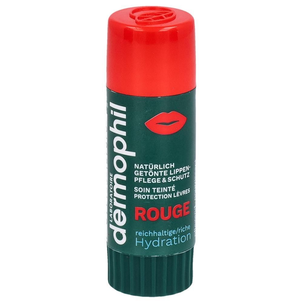 Rode en groene lippenbalsem. Opschrift: dermophil, Rouge, getinte lippenverzorging & bescherming. Afbeelding van rode lippen.