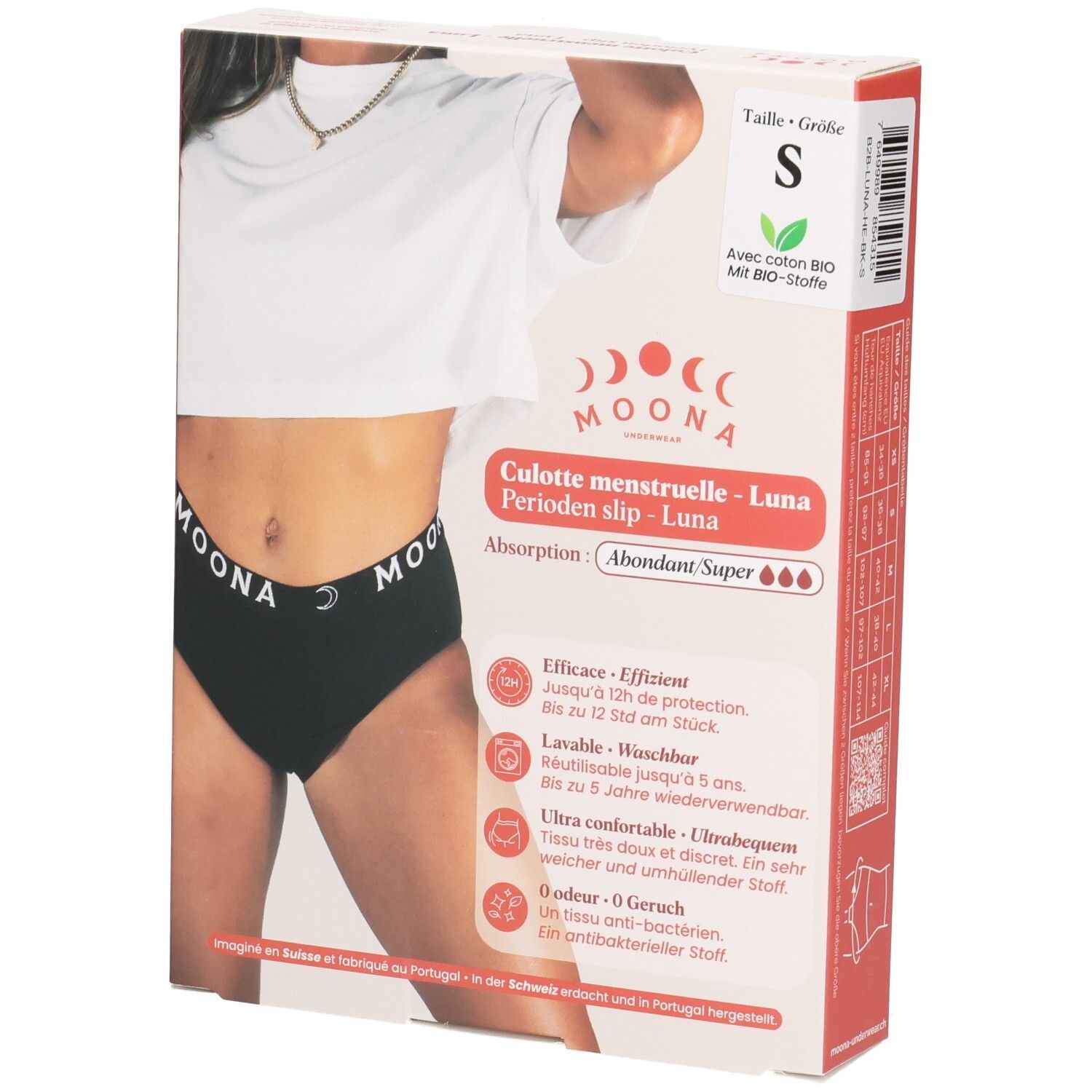 Verpakking van een zwarte menstruatieslip, maat S, sterke absorptie.