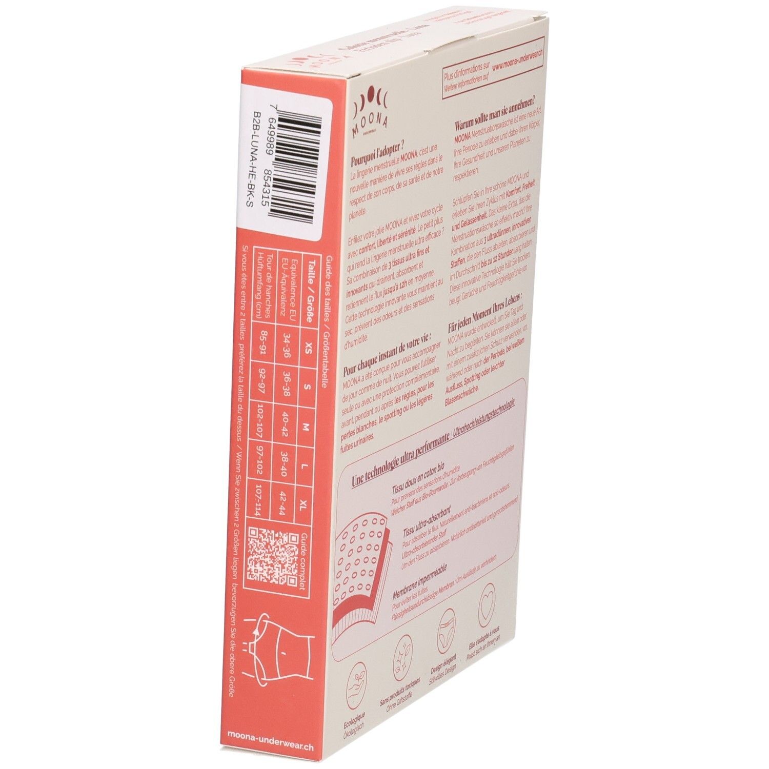 Zijaanzicht van de verpakking met maattabel en barcode.