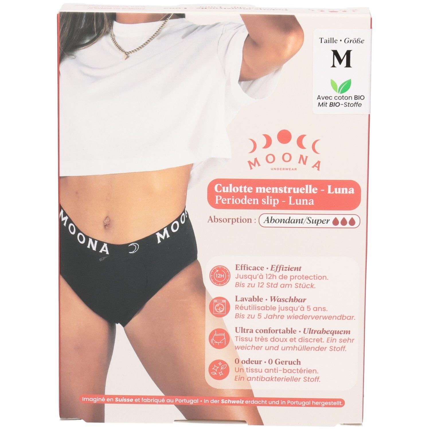 Verpakking met zwarte slip. Maat M. Merk: MOONA. Tekst: Culotte menstruelle - Luna, Perioden slip - Luna. Biologisch katoen.